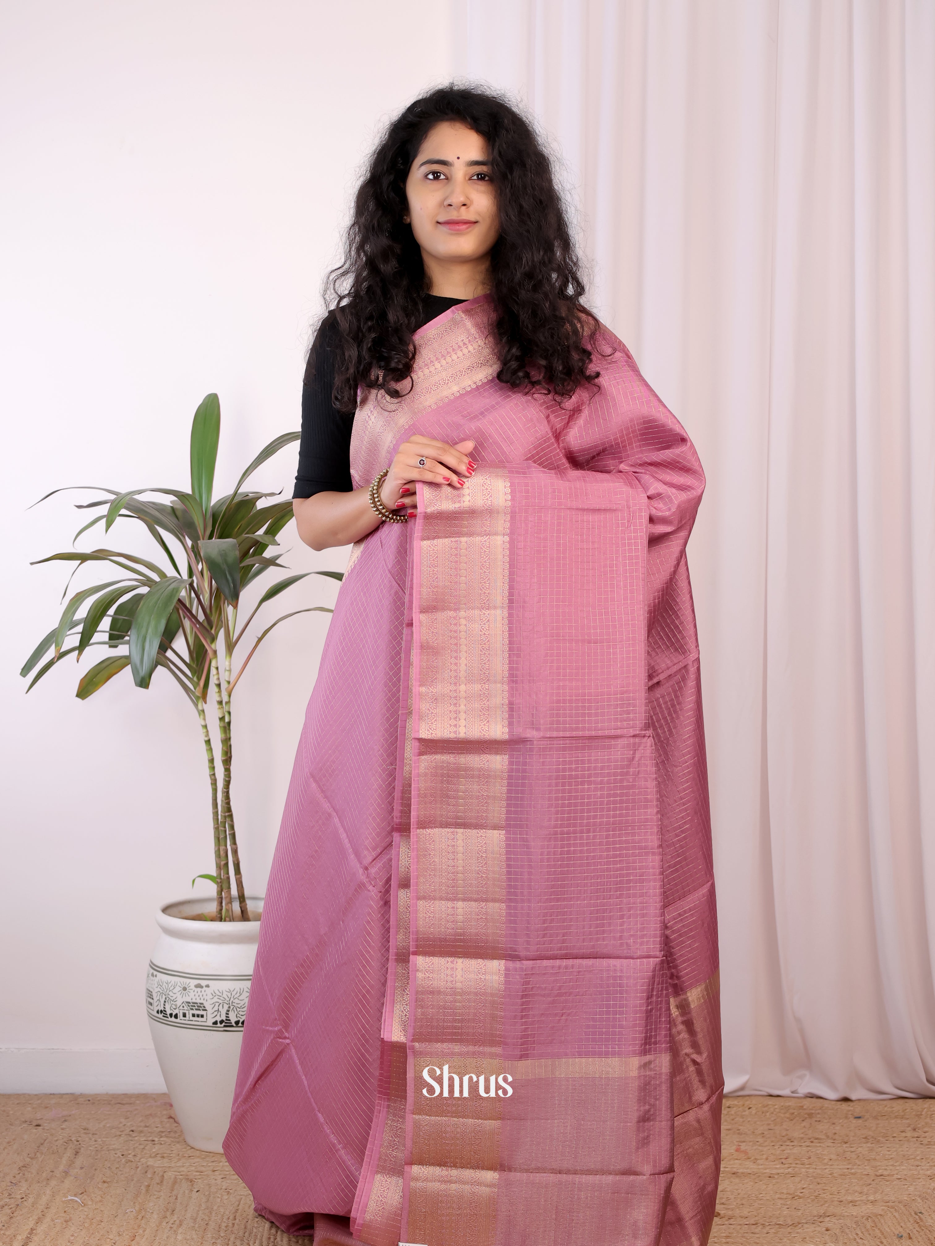 Pink & Blue - Semi Chanderi Saree - Shop on Shrus.com