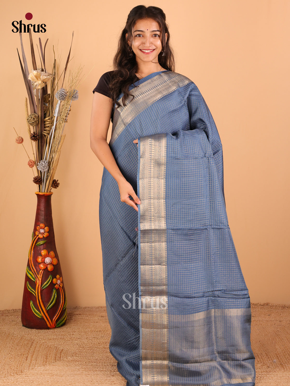 Blue with onion pink - Semi Chanderi - CJS03065 - Shop on Shrus.com