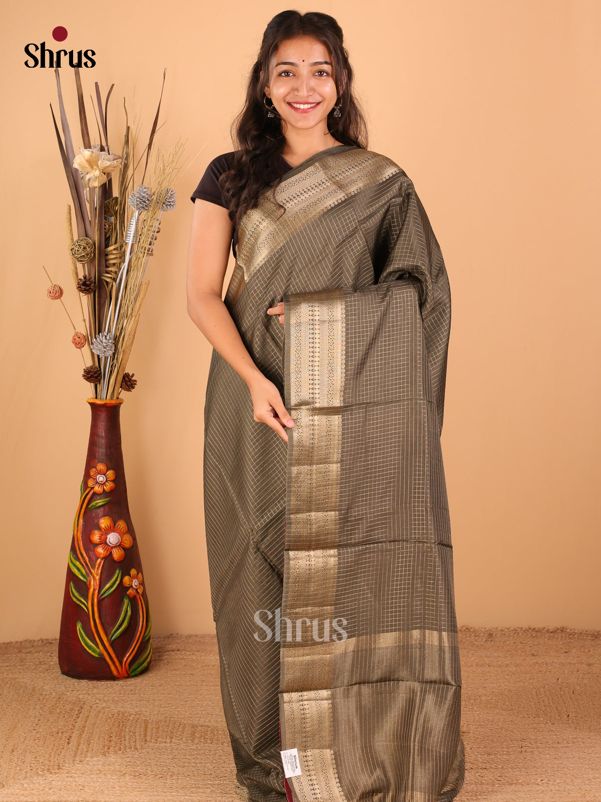 Olive green with Onion Pink - Semi Chanderi - CJS03066 - Shop on Shrus.com