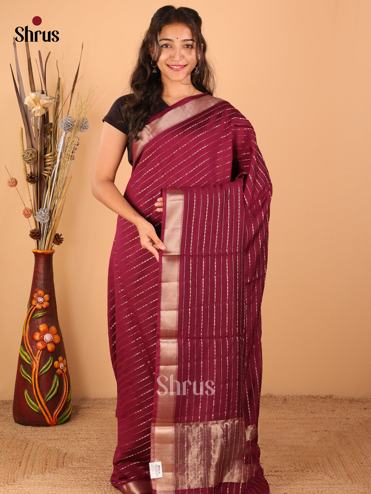 Dark Plum with peacock blue - Semi Chanderi - CJS03069 - Shop on Shrus.com