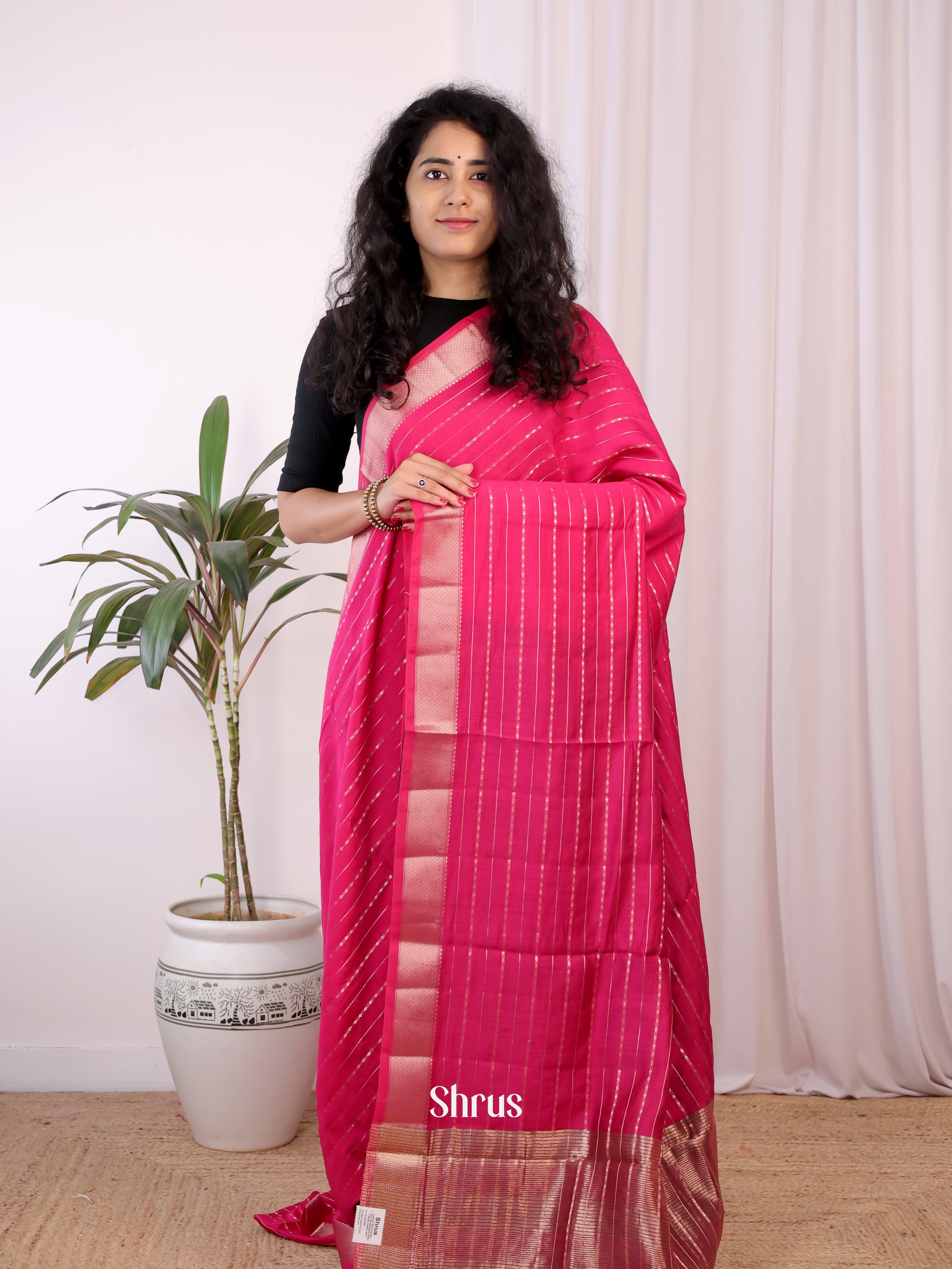 Pink & Violet - Semi Chanderi Saree - Shop on Shrus.com