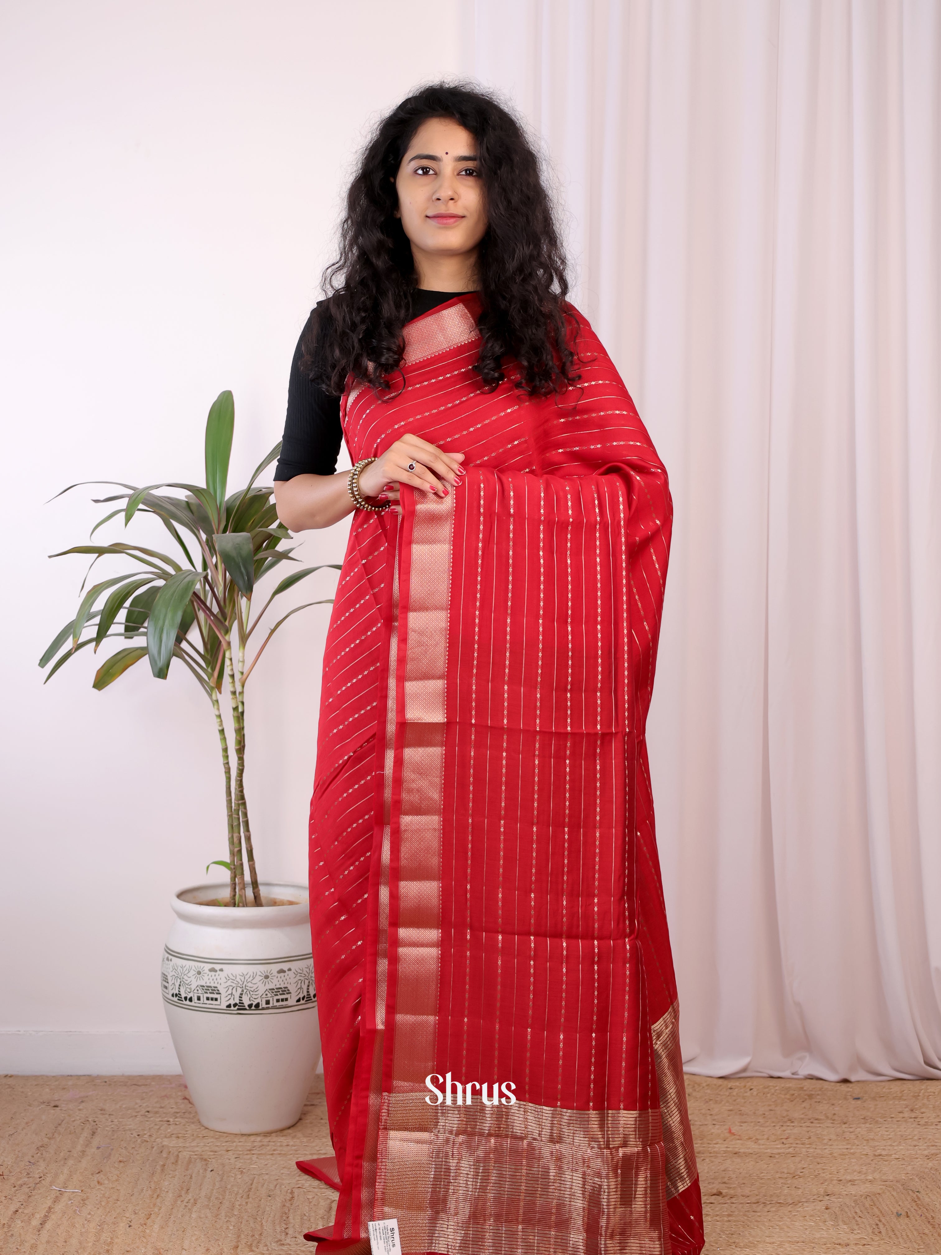 Red & Green - Semi Chanderi Saree - Shop on Shrus.com