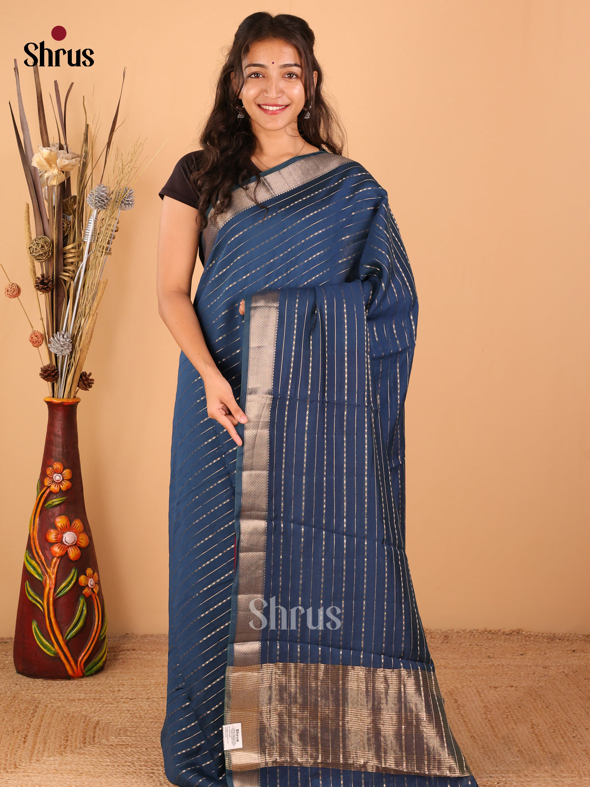 peacock blue with dark plum - Semi Chanderi - CJS03072 - Shop on Shrus.com