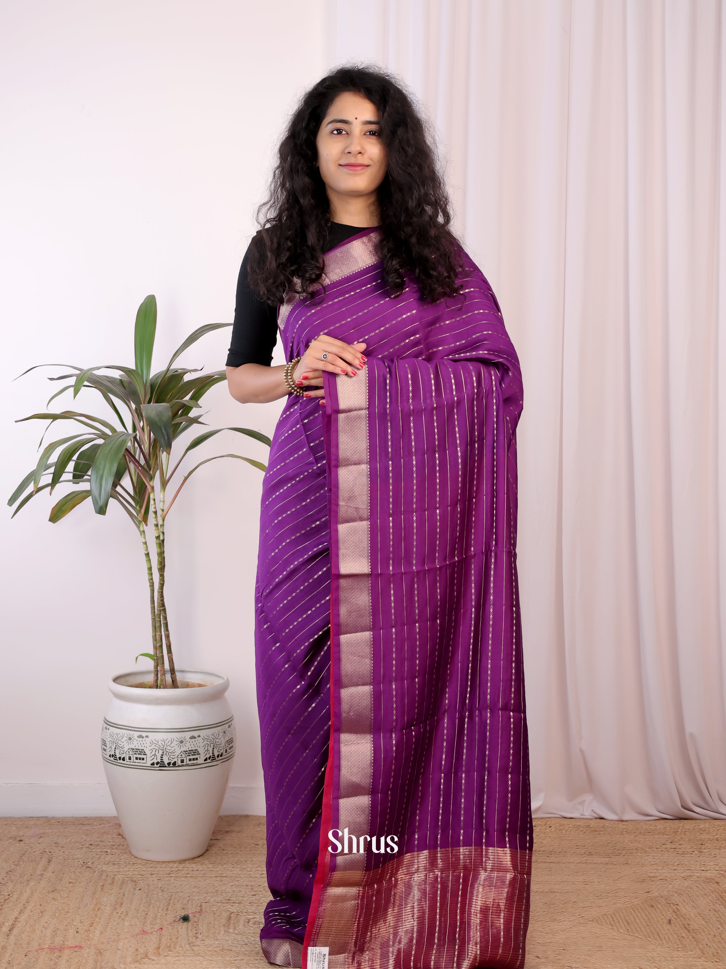 Purple & Pink - Semi Chanderi Saree - Shop on Shrus.com