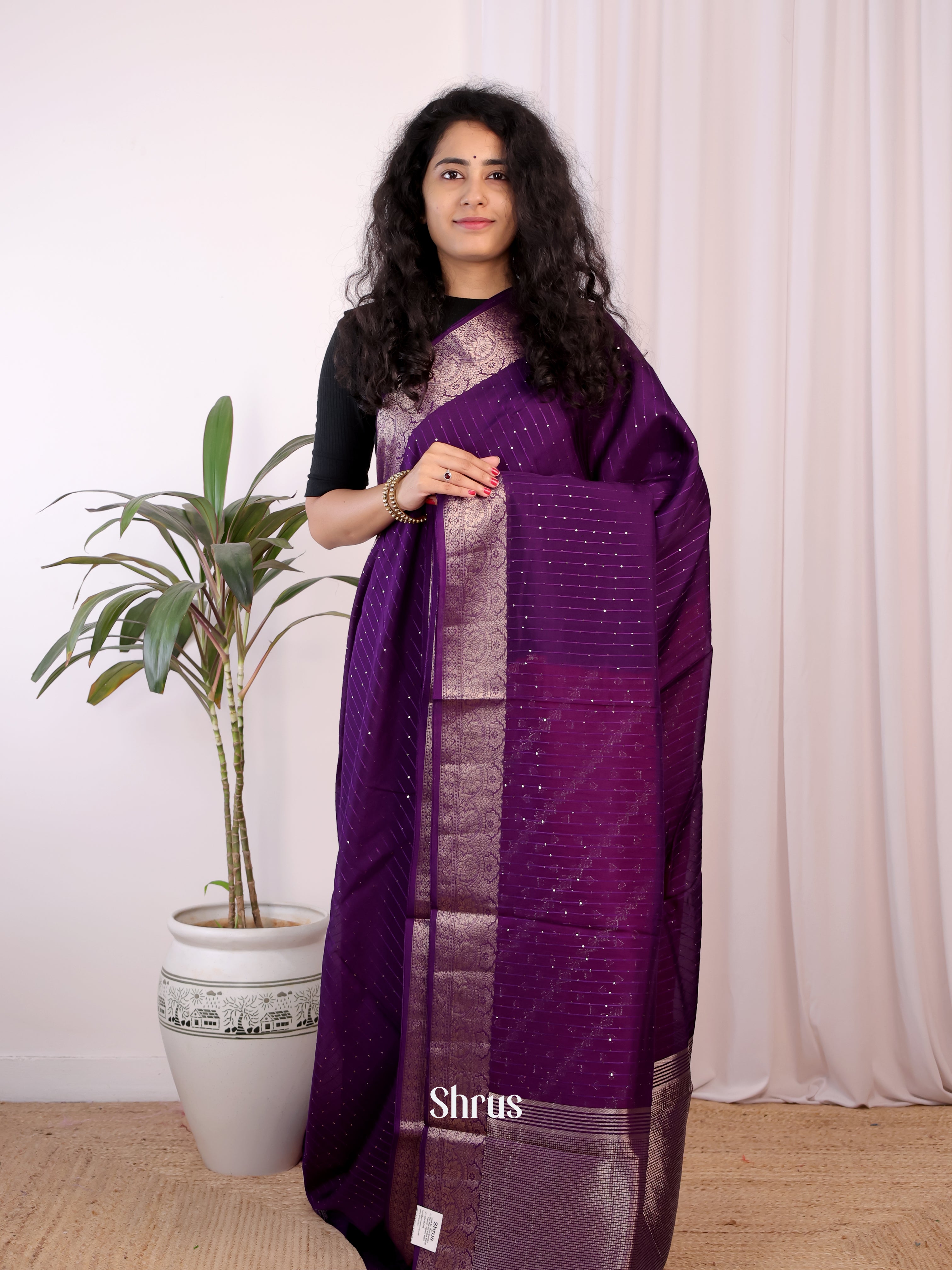 Violet & Pink - Semi Chanderi Saree - Shop on Shrus.com