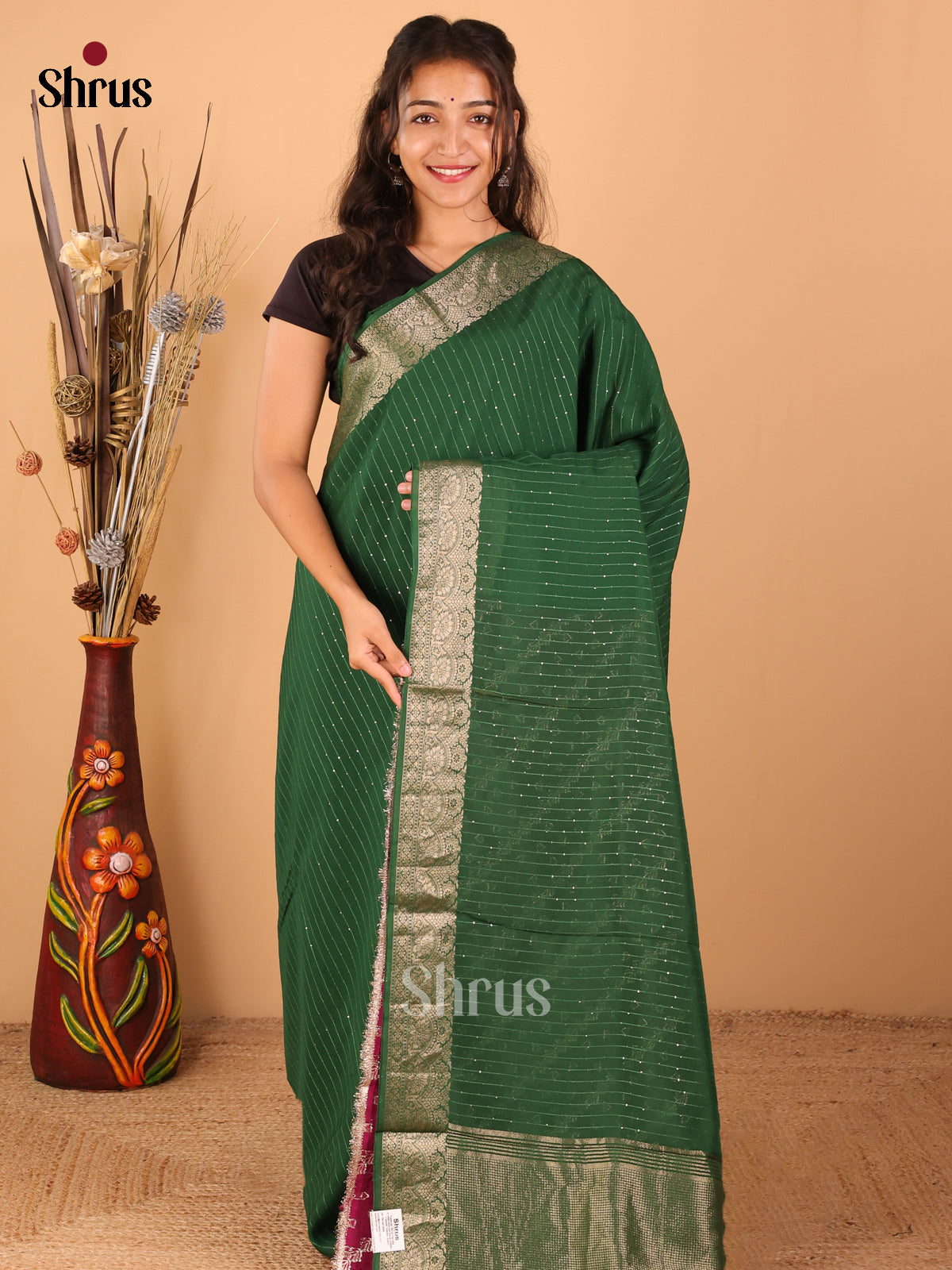 Dark green with Dark plum - Semi Chanderi - CJS03077 - Shop on Shrus.com