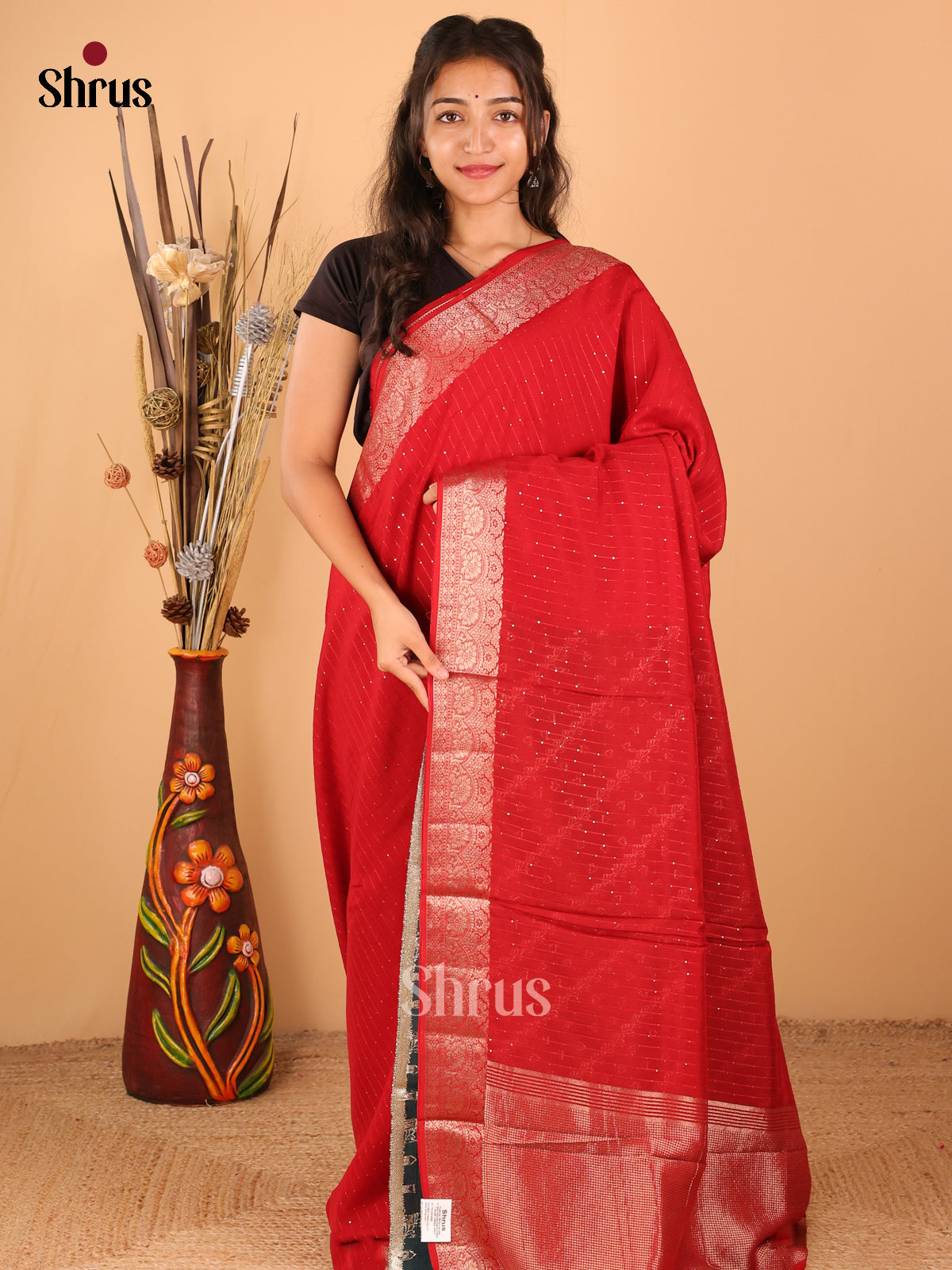 Red with Dark green - Semi Chanderi - CJS03079 - Shop on Shrus.com