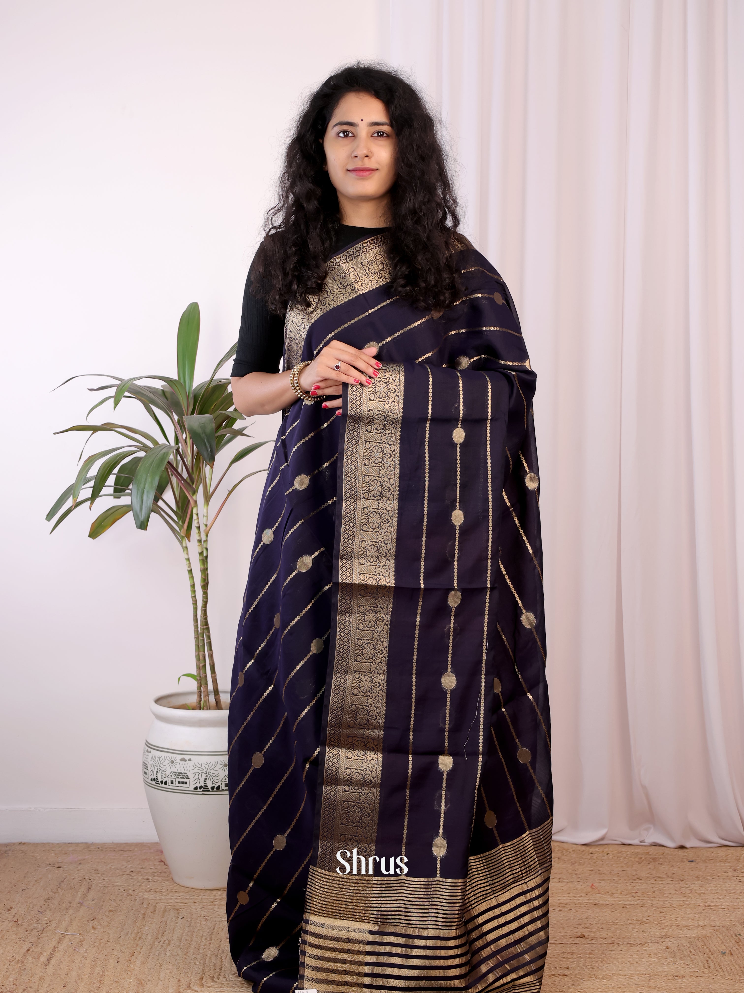 Violet & Purple - Semi Chanderi Saree - Shop on Shrus.com