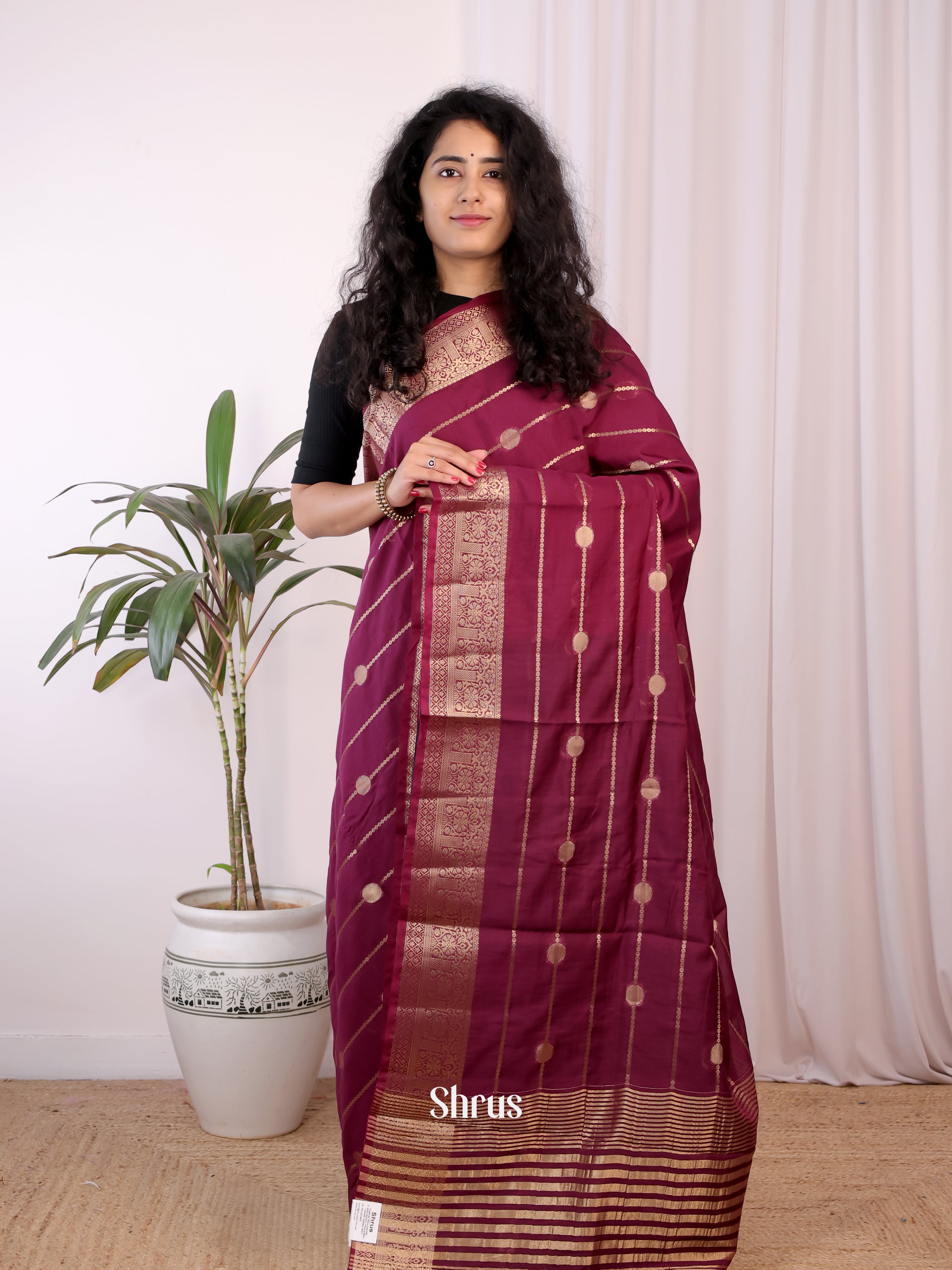 Maroon & Blue - Semi Chanderi Saree - Shop on Shrus.com