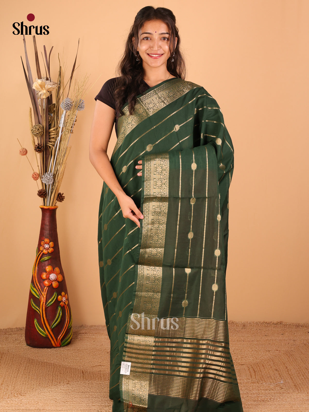 Dark green with red - Semi Chanderi - CJS03087 - Shop on Shrus.com