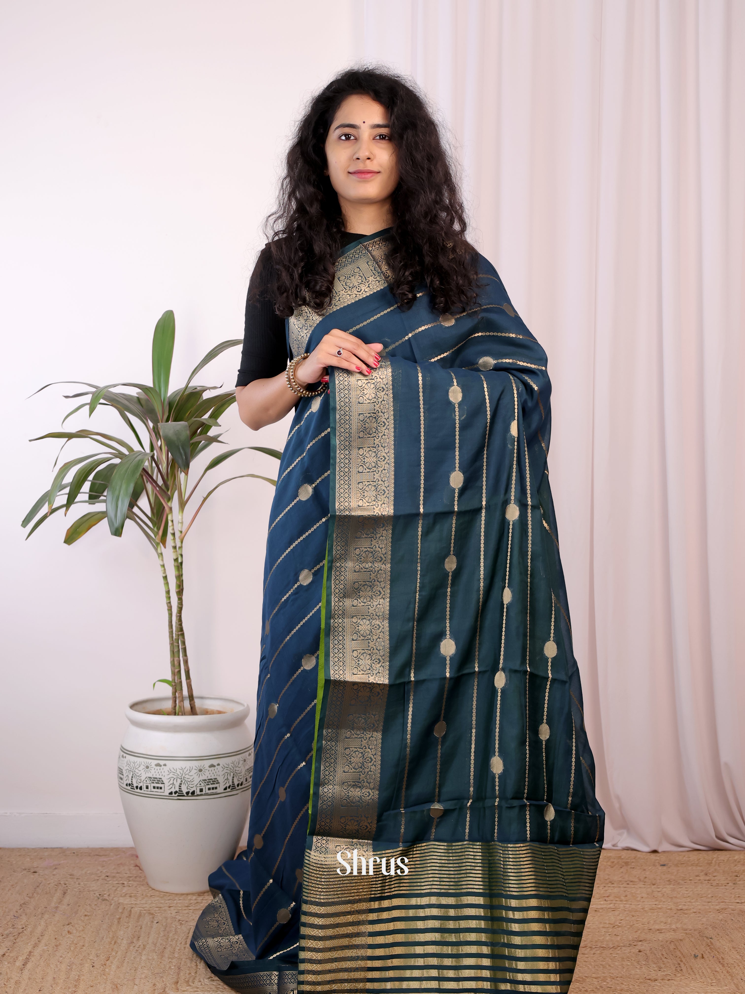Peacock Blue & Green - Semi Chanderi Saree - Shop on Shrus.com
