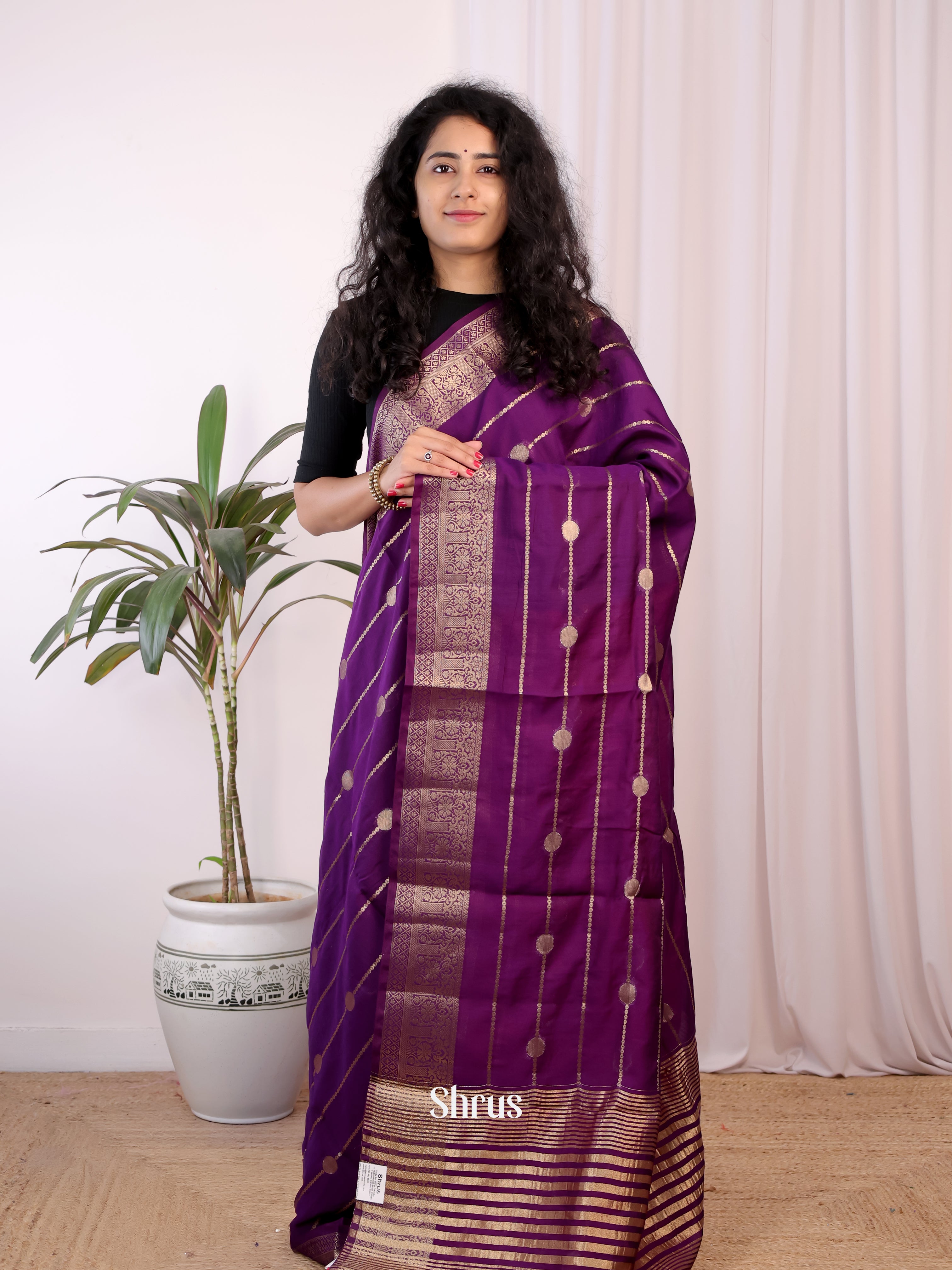Violet & Pink - Semi Chanderi Saree - Shop on Shrus.com