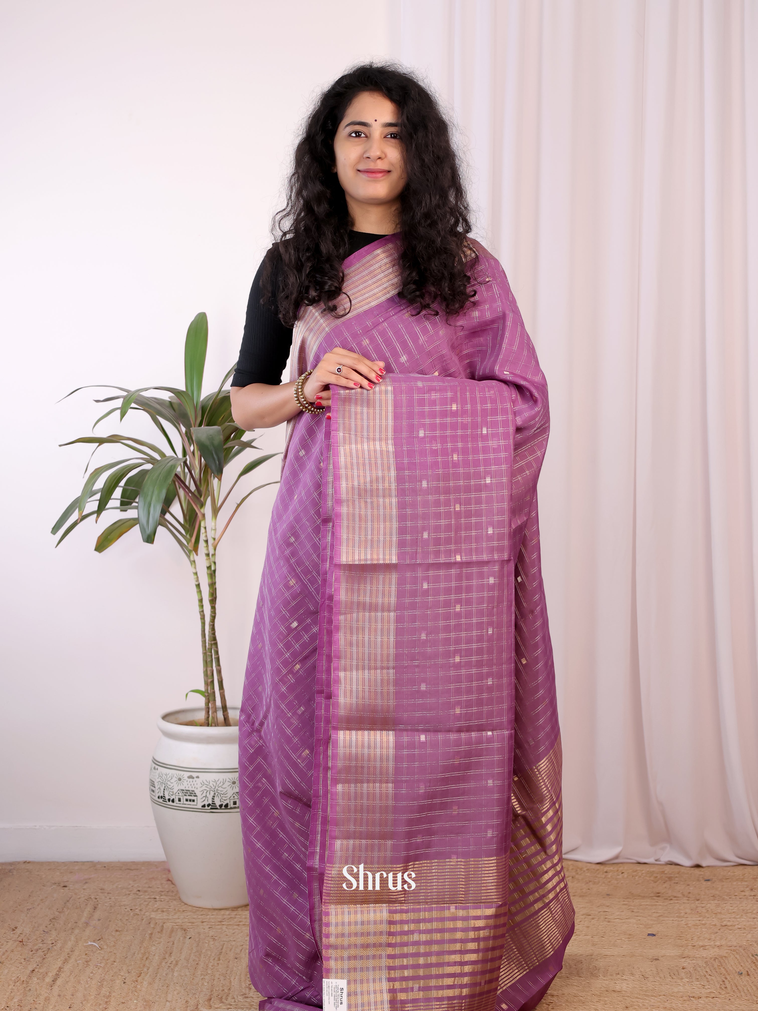 Purple & Green- Semi Chanderi Saree - Shop on Shrus.com