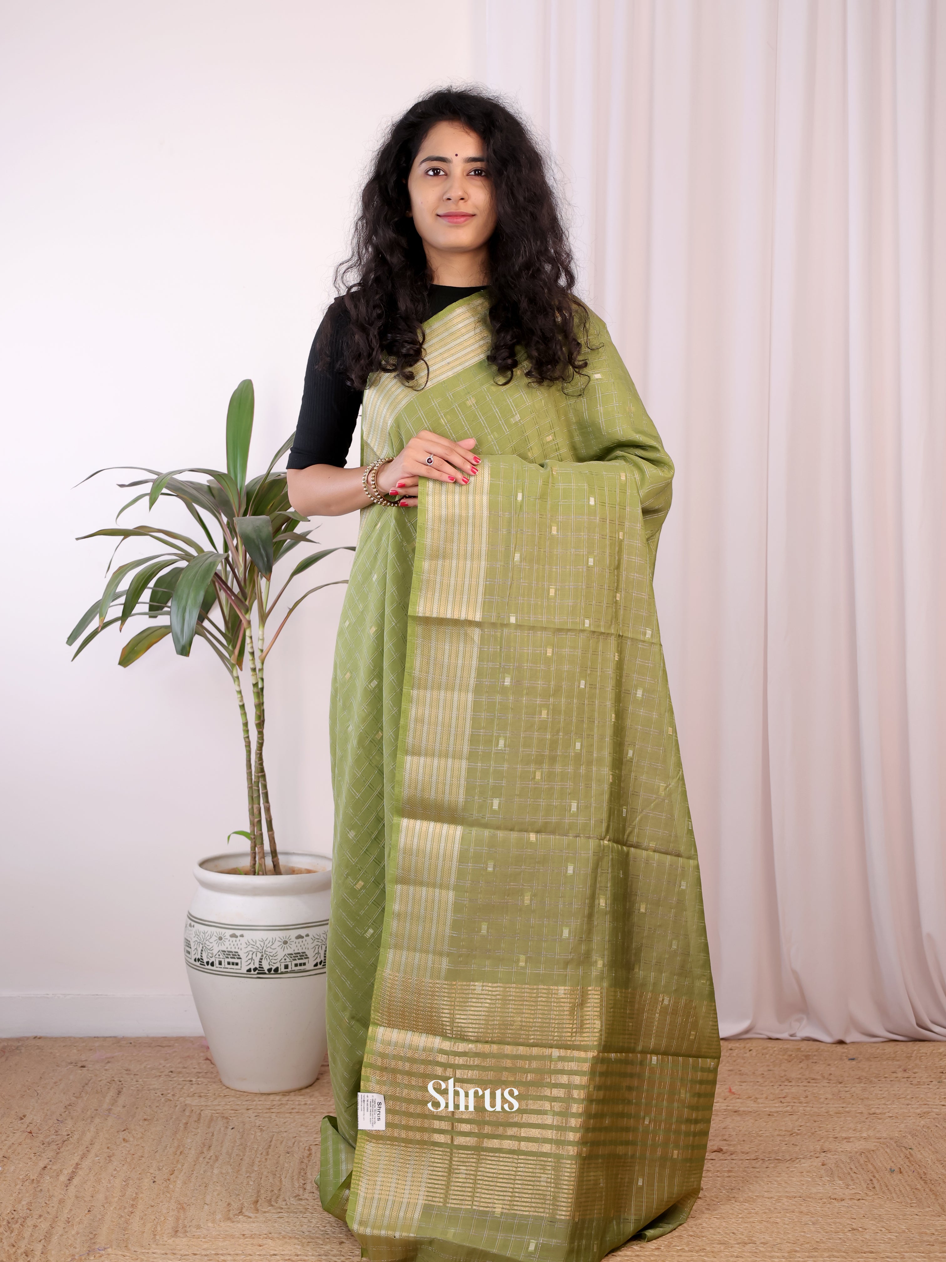 Green & Purple- Semi Chanderi Saree - Shop on Shrus.com
