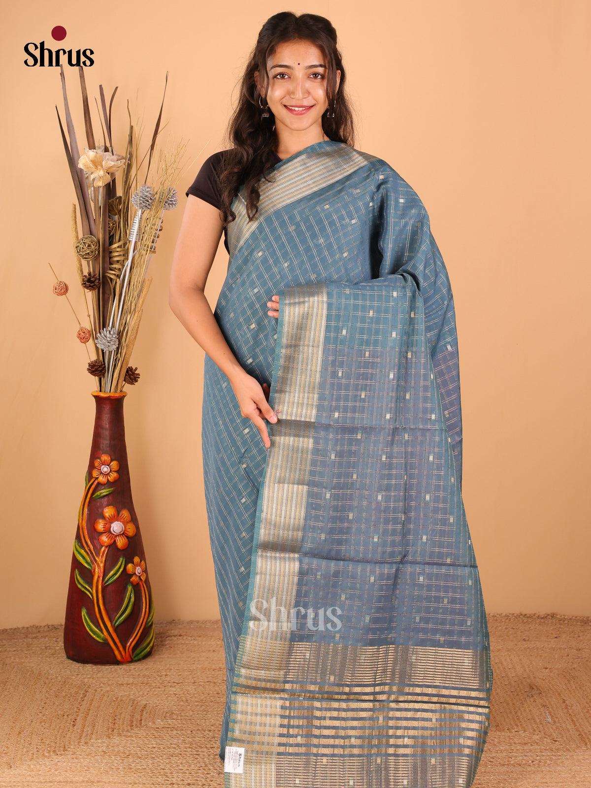 Teal blue with onion pink - Semi Chanderi - CJS03095 - Shop on Shrus.com