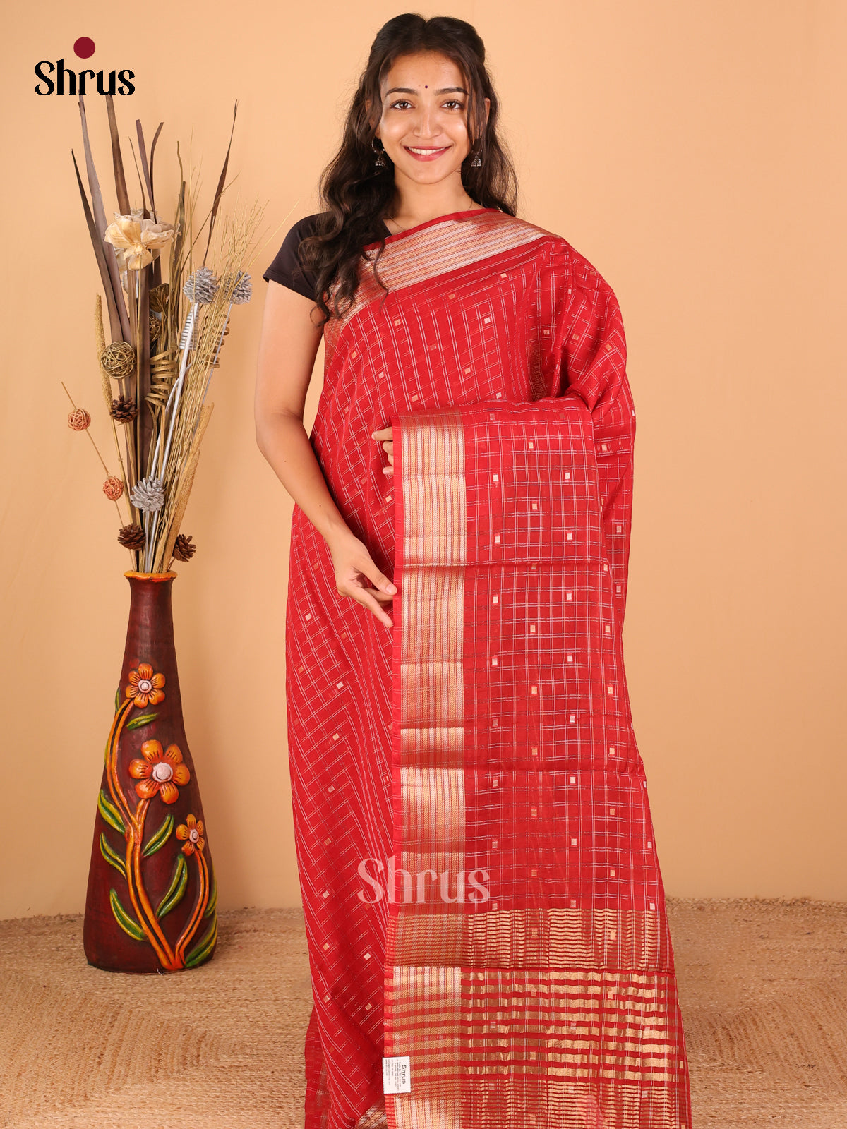 Red with Dark green - Semi Chanderi - CJS03097 - Shop on Shrus.com