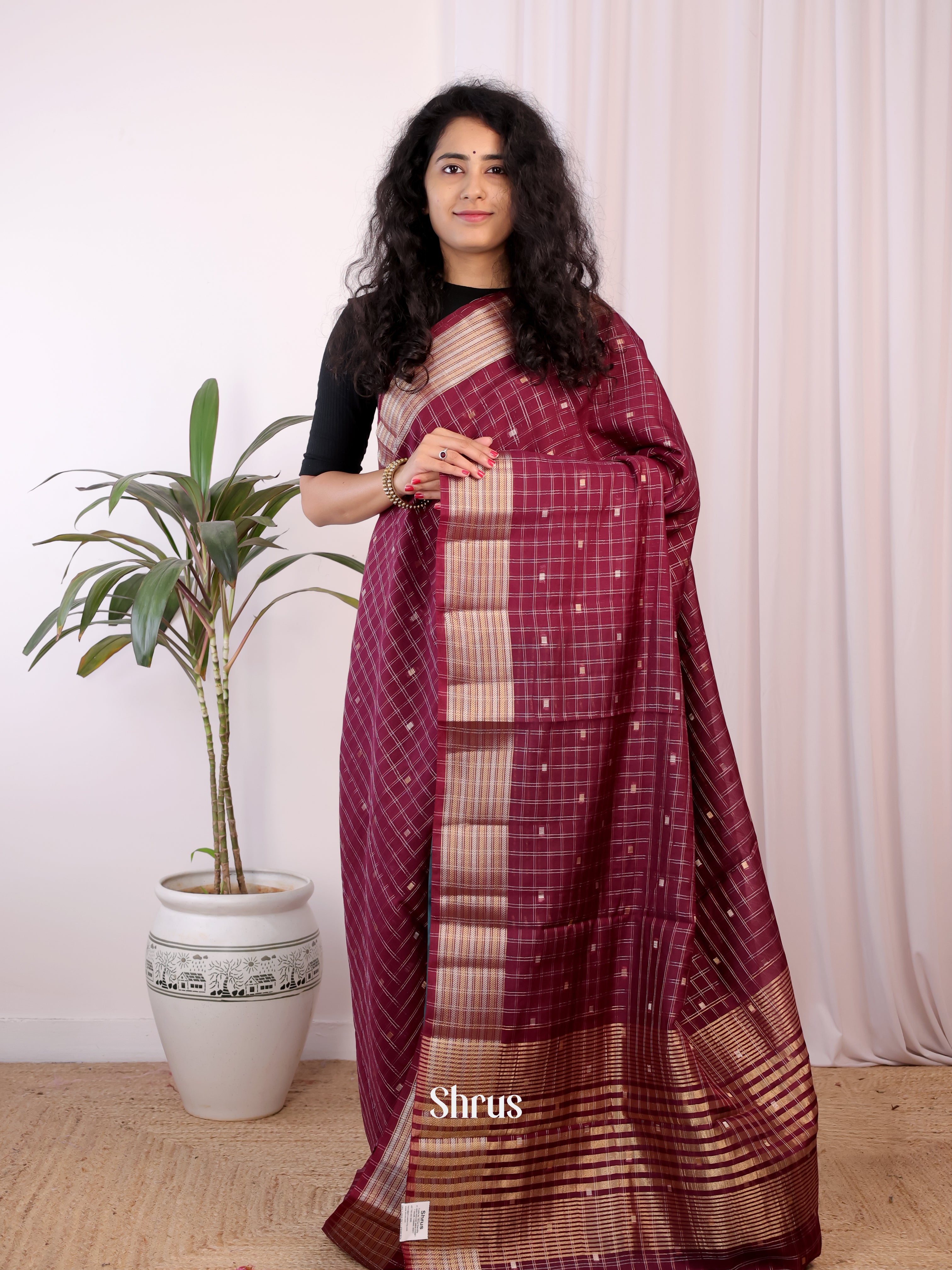 Maroon & Blue - Semi Chanderi Saree - Shop on Shrus.com