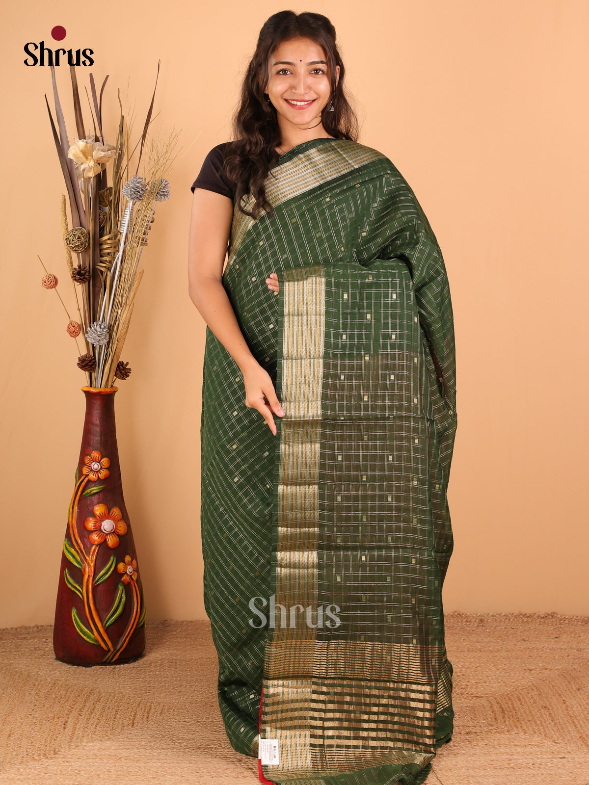 Dark Green with red - Semi Chanderi - CJS03102 - Shop on Shrus.com