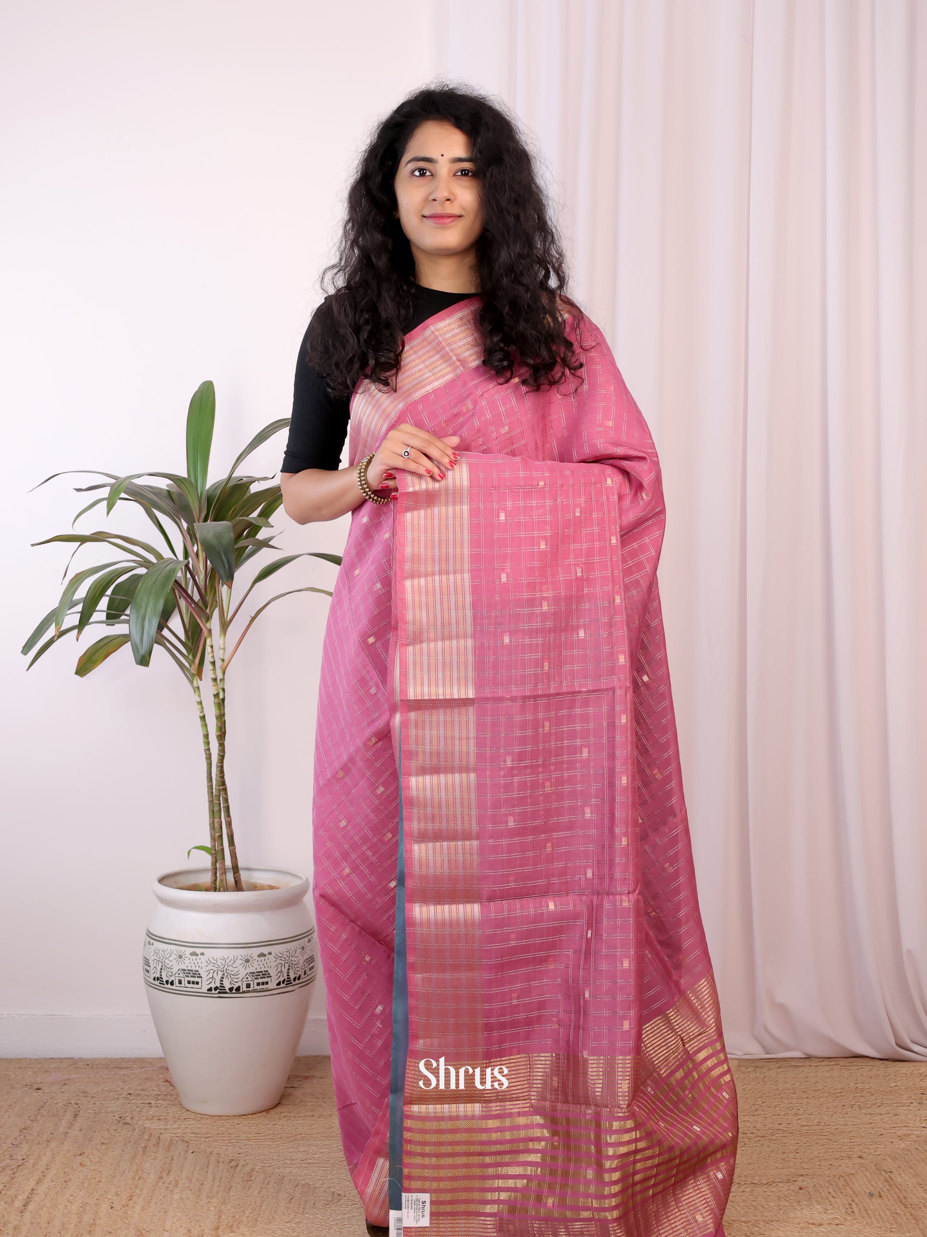 Pink & Blue - Semi Chanderi Saree - Shop on Shrus.com