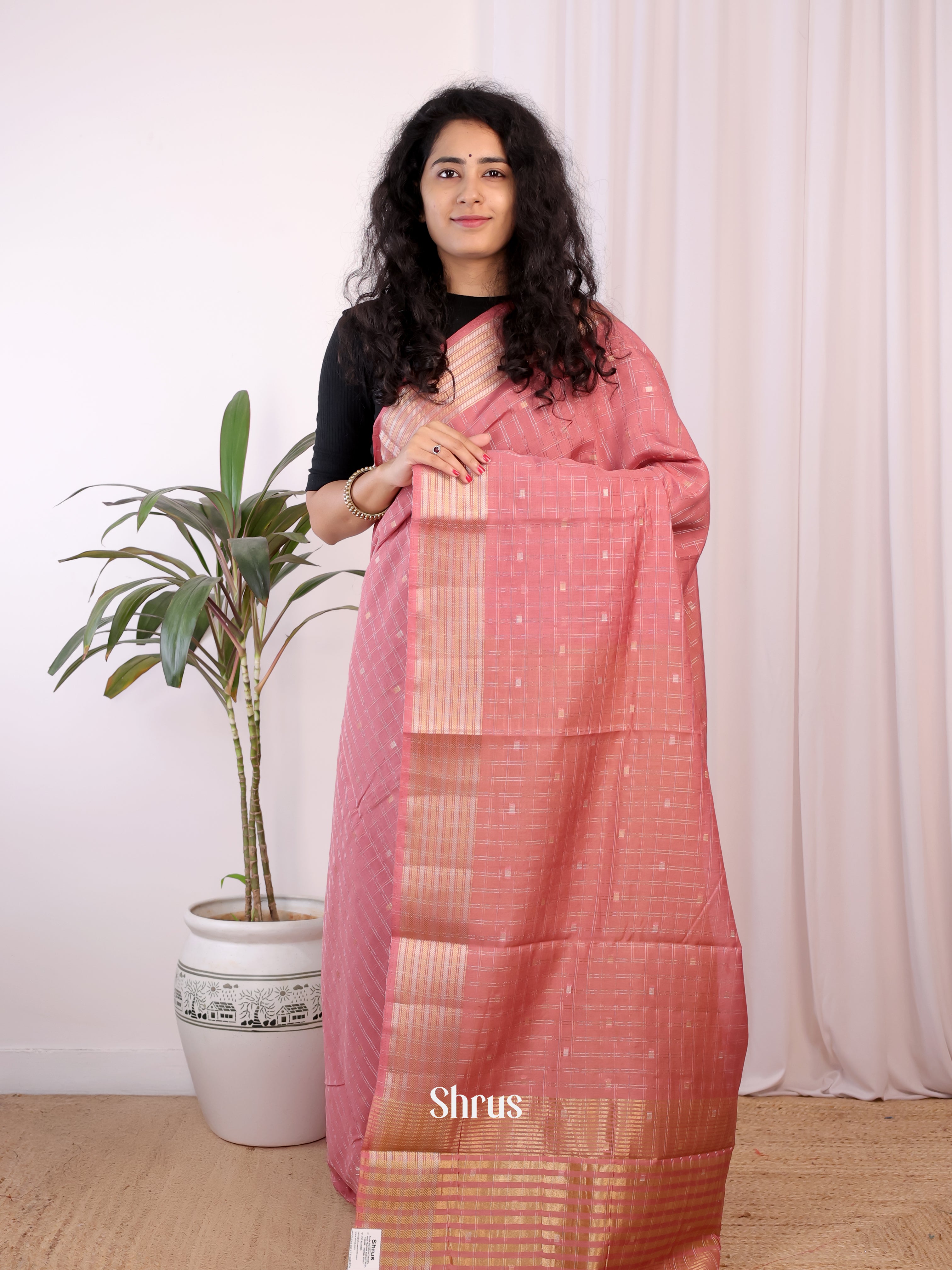 Pink & Mustard - Semi Chanderi Saree - Shop on Shrus.com