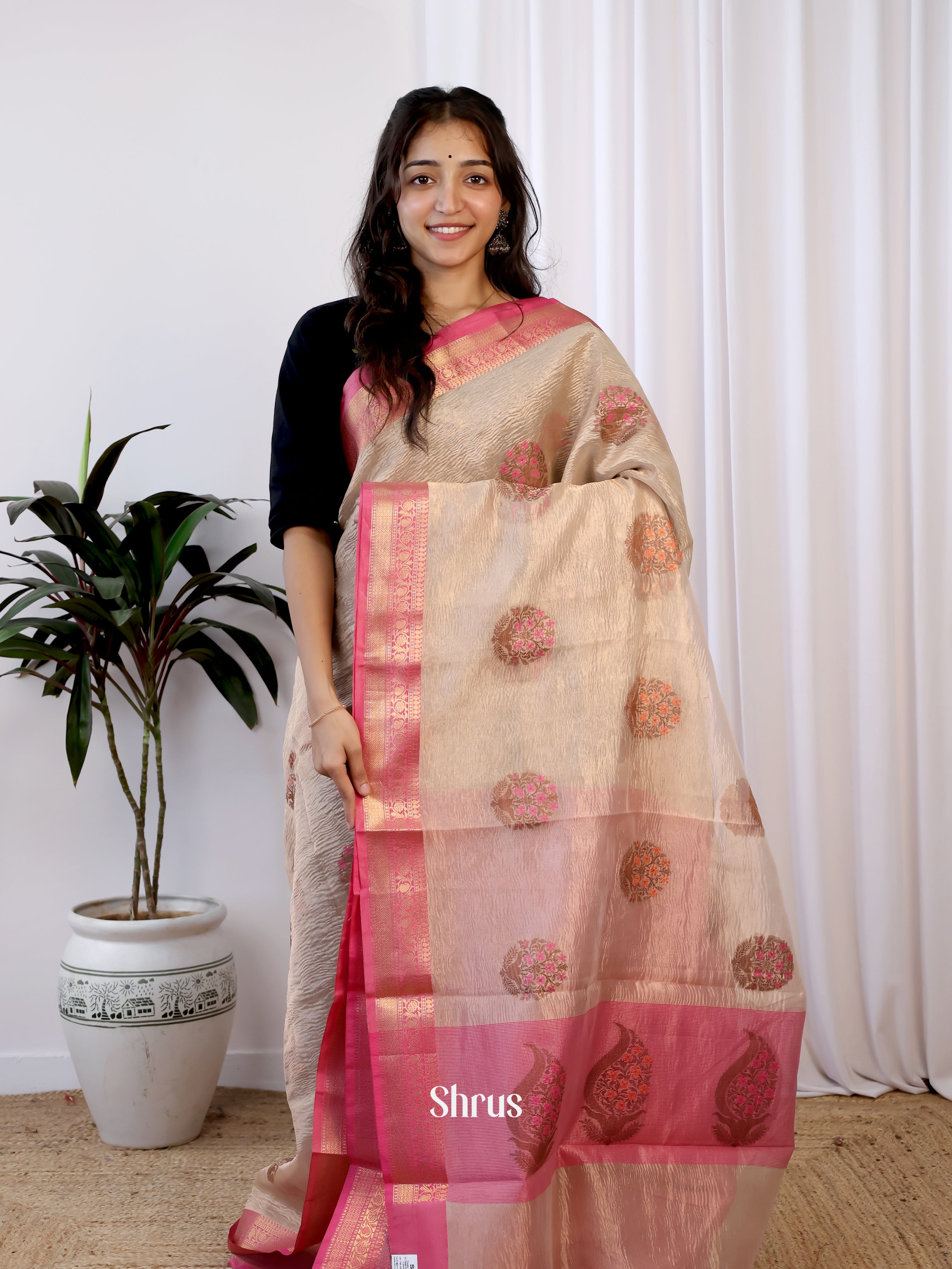 Grey & Pink - Bamboo silk Saree - Shop on Shrus.com