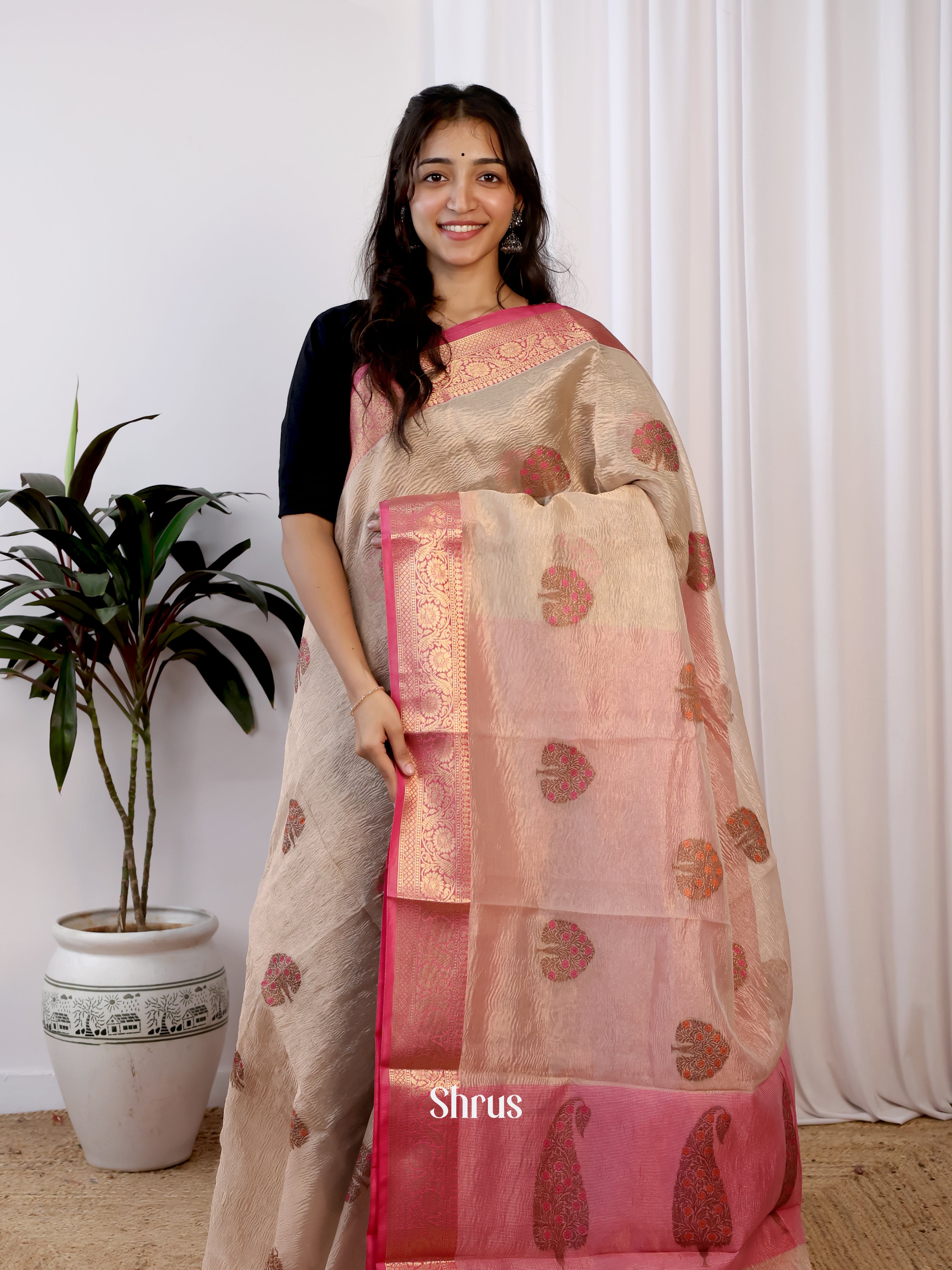 Grey & Pink - Bamboo silk Saree - Shop on Shrus.com