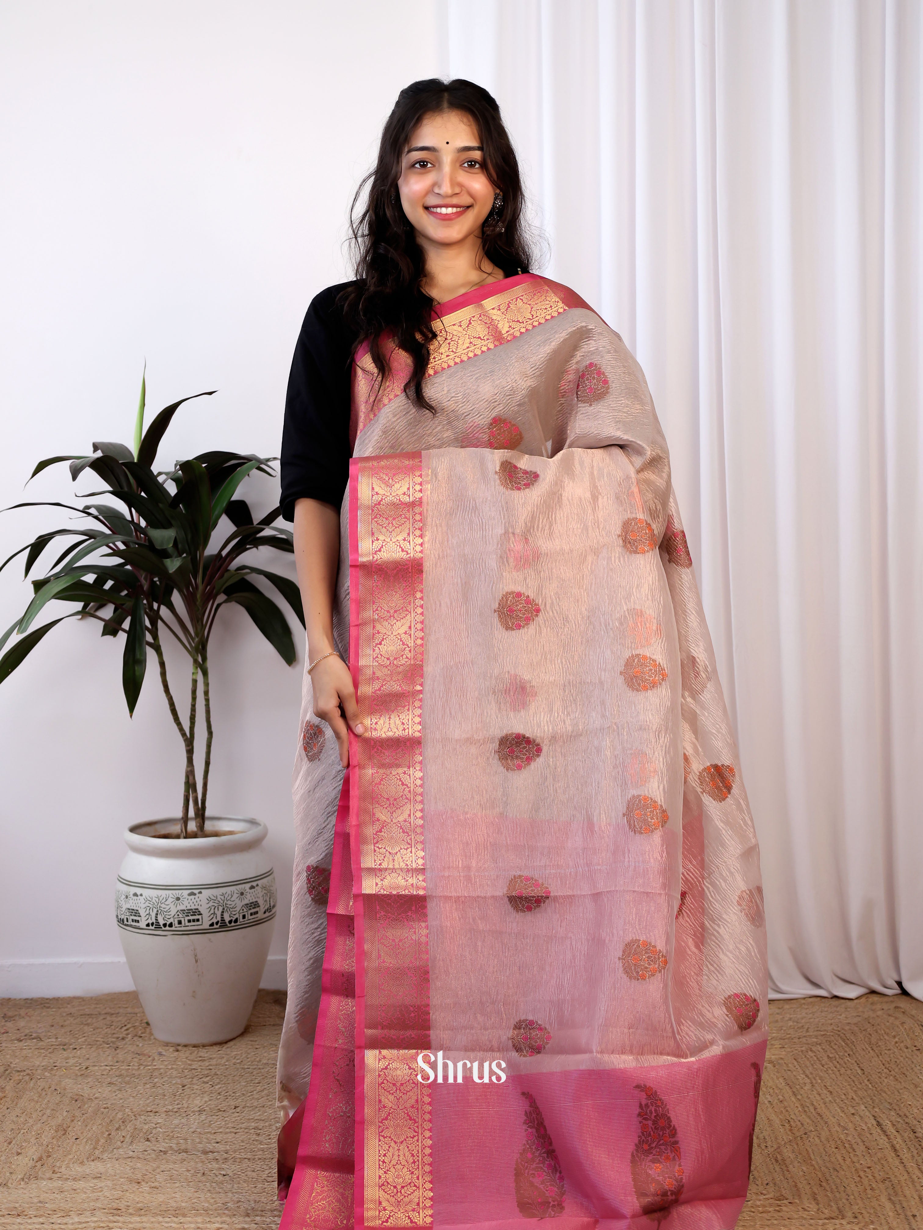 Cream & Pink -Bamboo silk Saree - Shop on Shrus.com