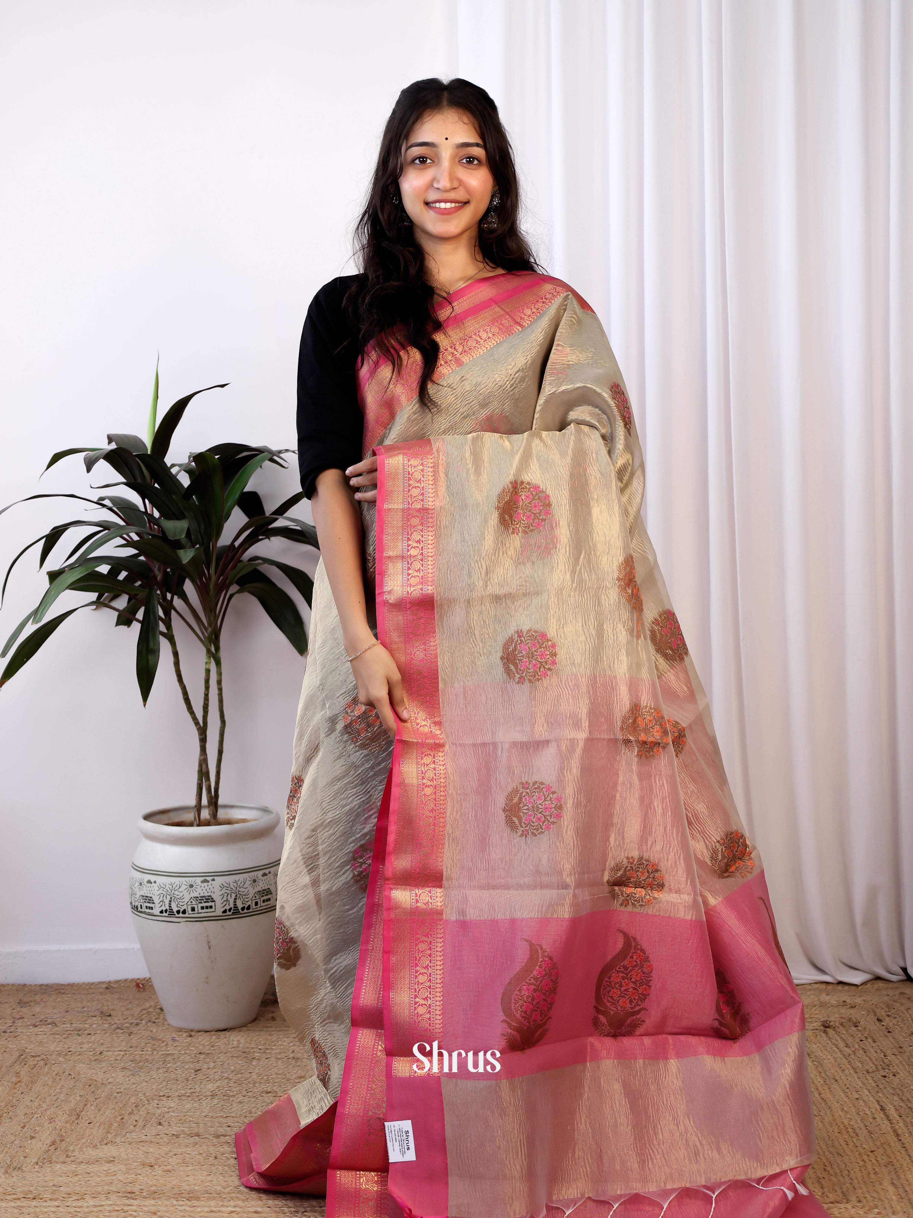Grey & Pink - Bamboo silk Saree - Shop on Shrus.com