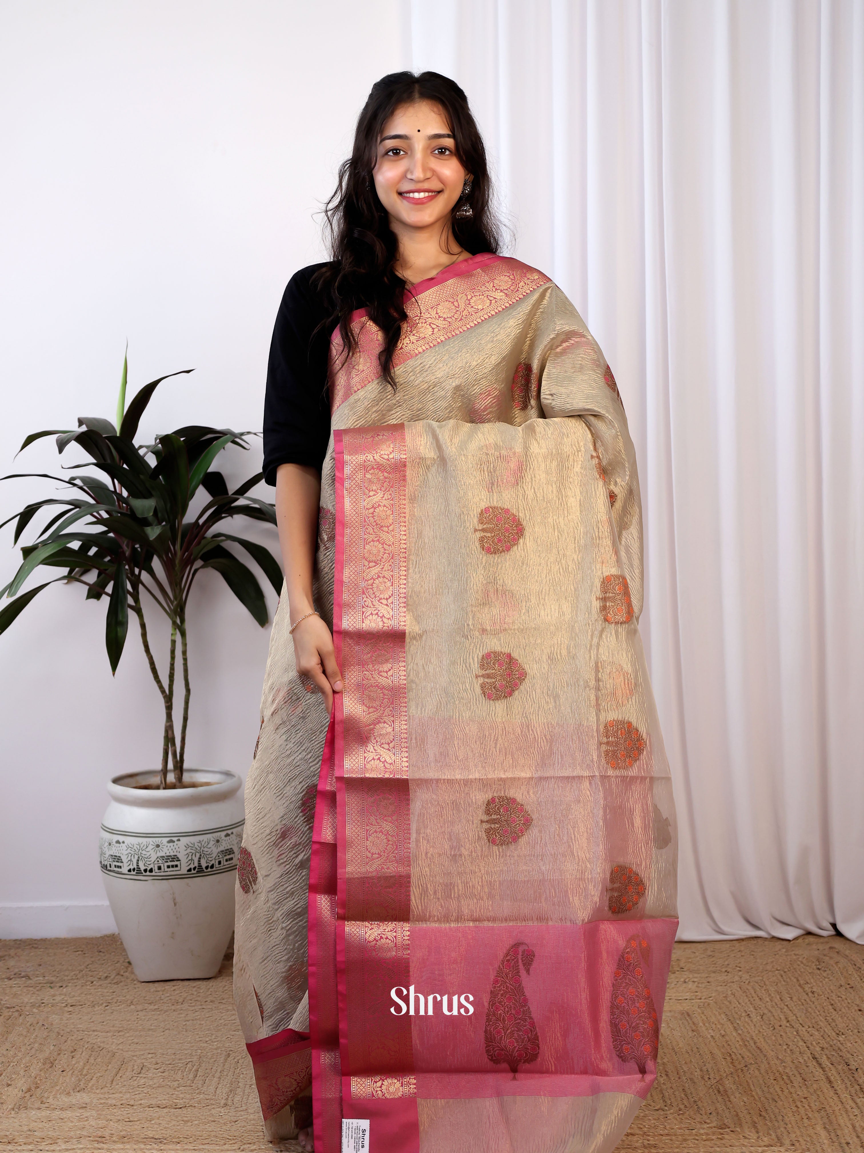 Gold & Pink - Bamboo silk Saree - Shop on Shrus.com