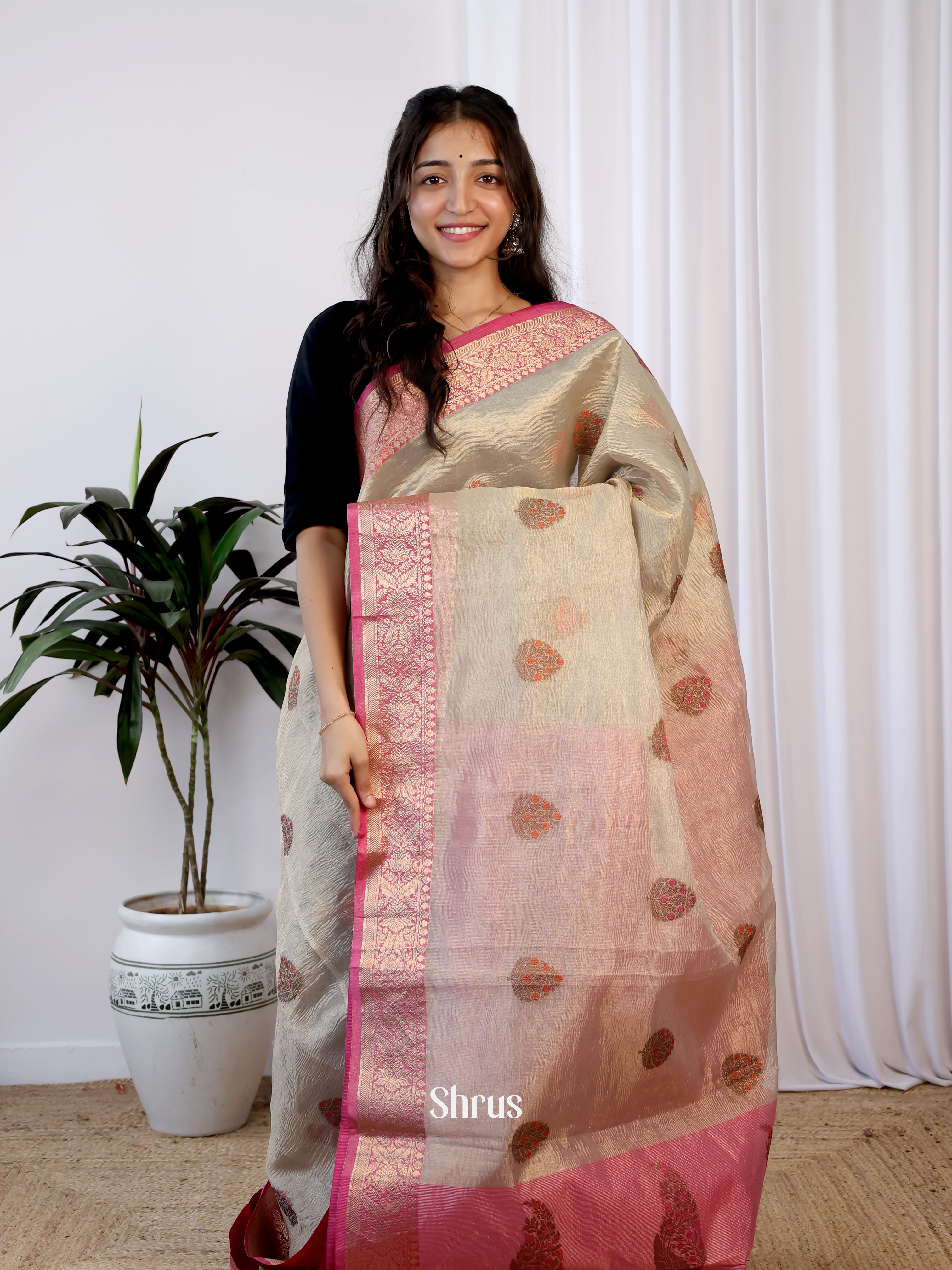 Cream & Pink - Bamboo silk Saree - Shop on Shrus.com