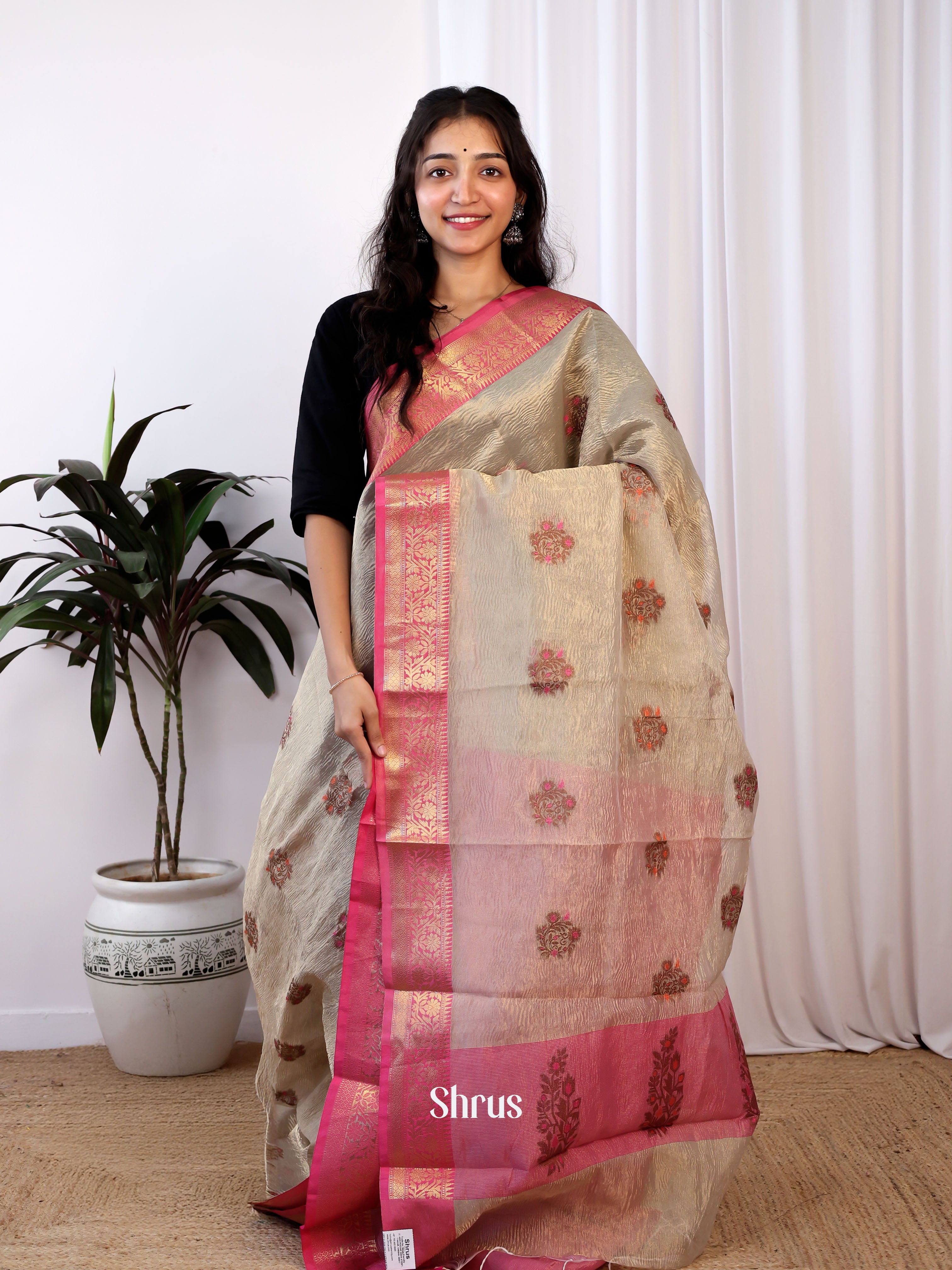 Cream & Pink - Bamboo silk Saree - Shop on Shrus.com