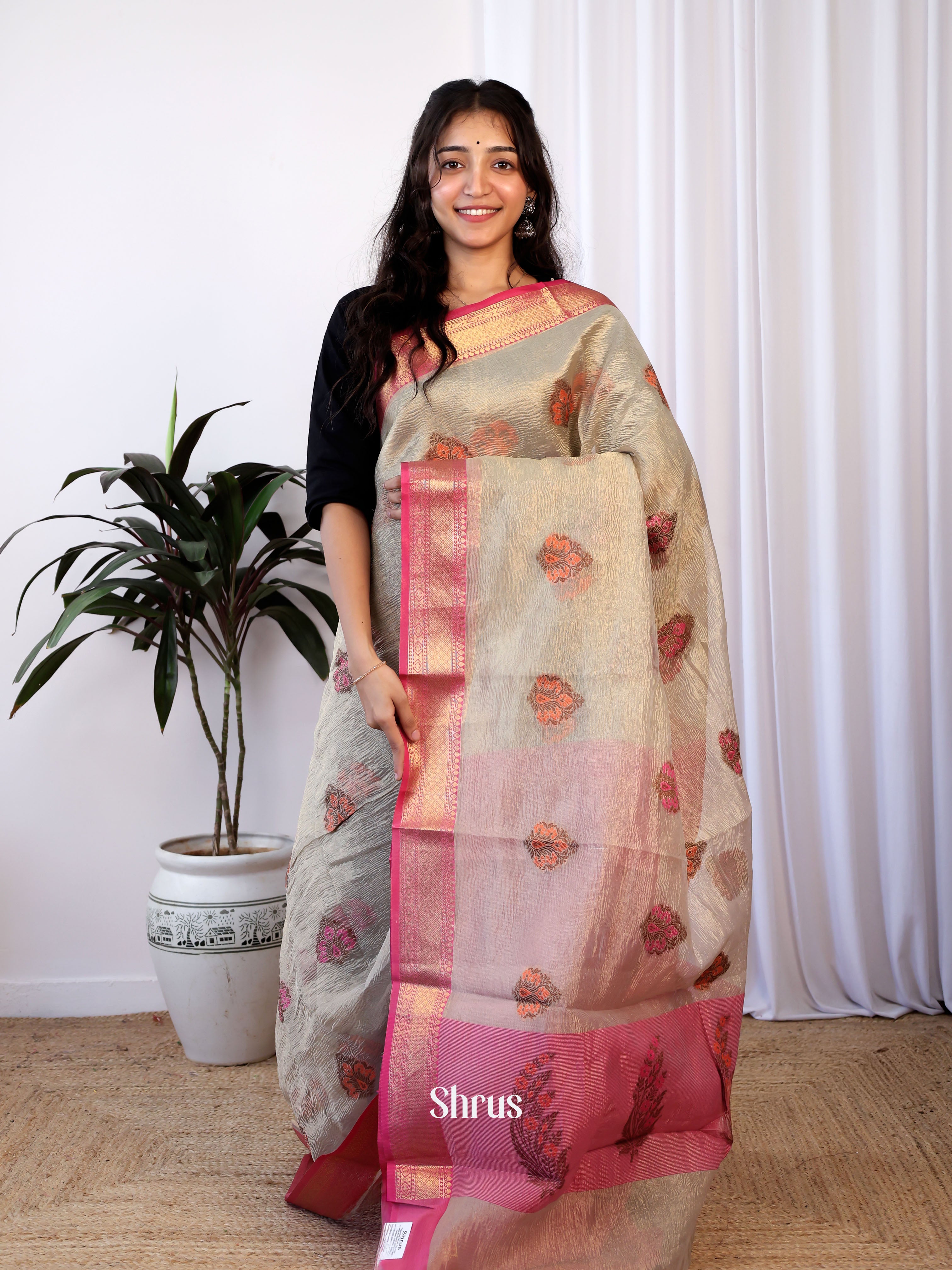 Grey& Pink- Bamboo silk Saree - Shop on Shrus.com