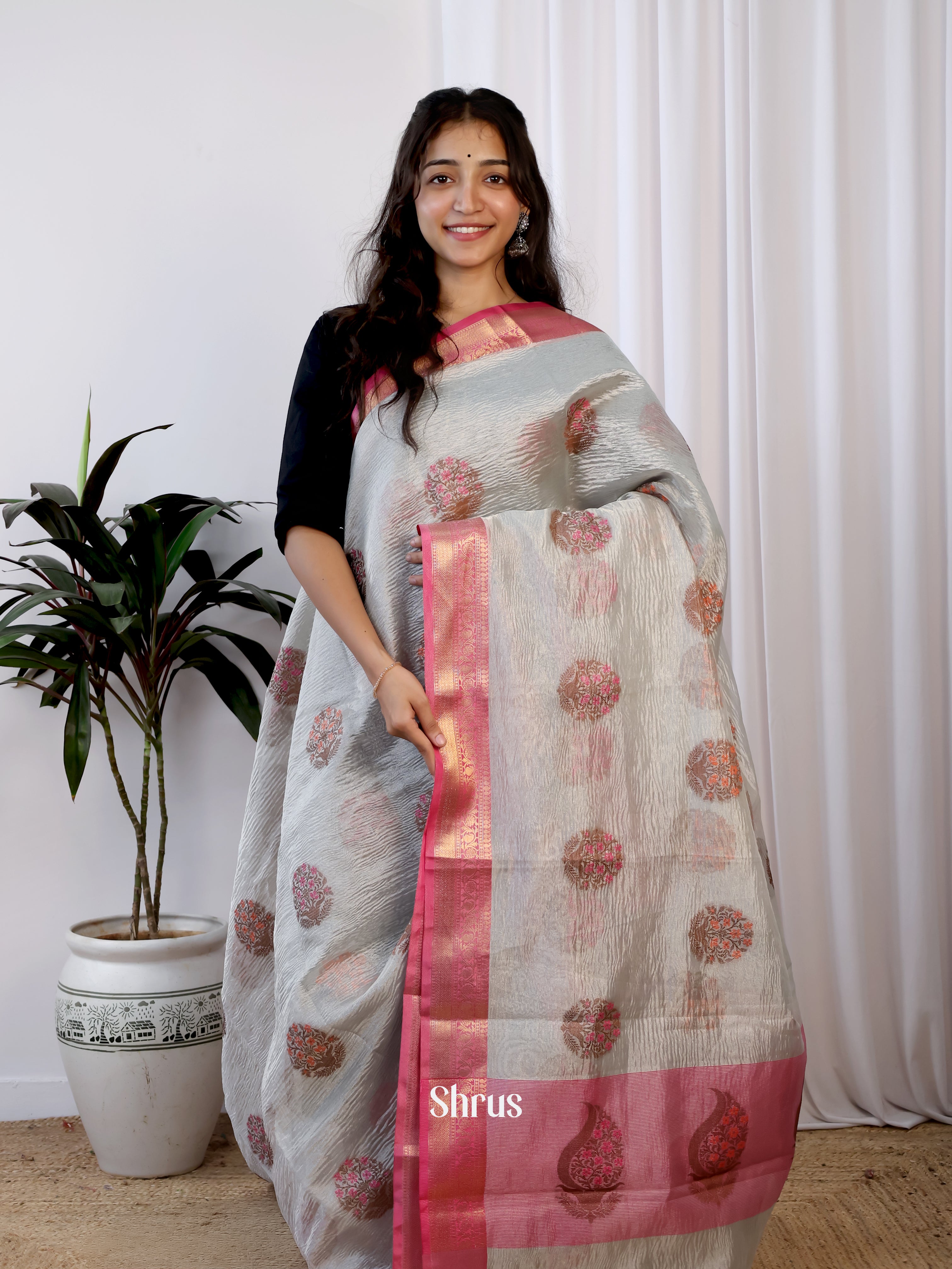 Grey & Pink - Bamboo silk Saree - Shop on Shrus.com