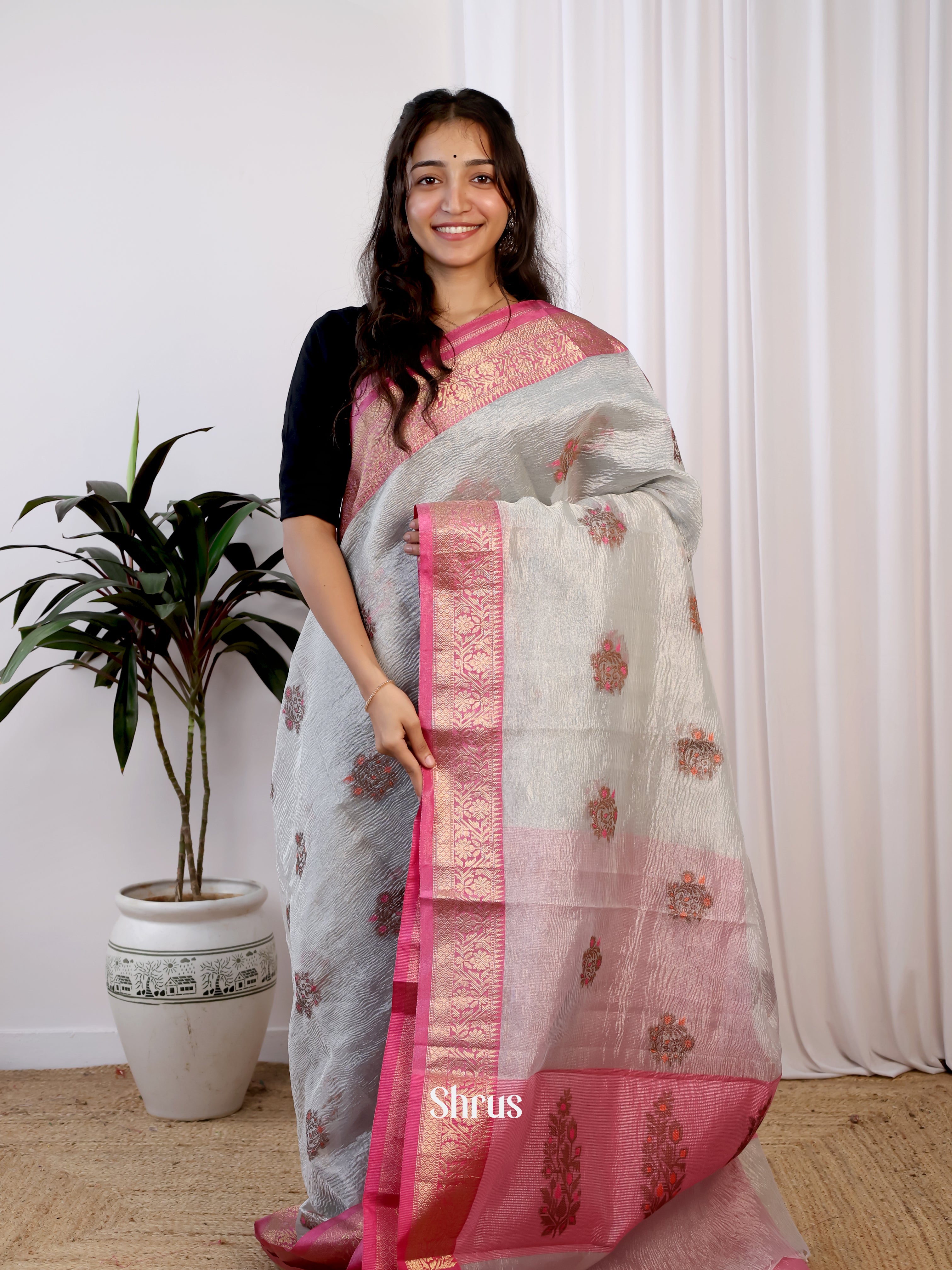 Grey & Pink - Bamboo silk Saree - Shop on Shrus.com