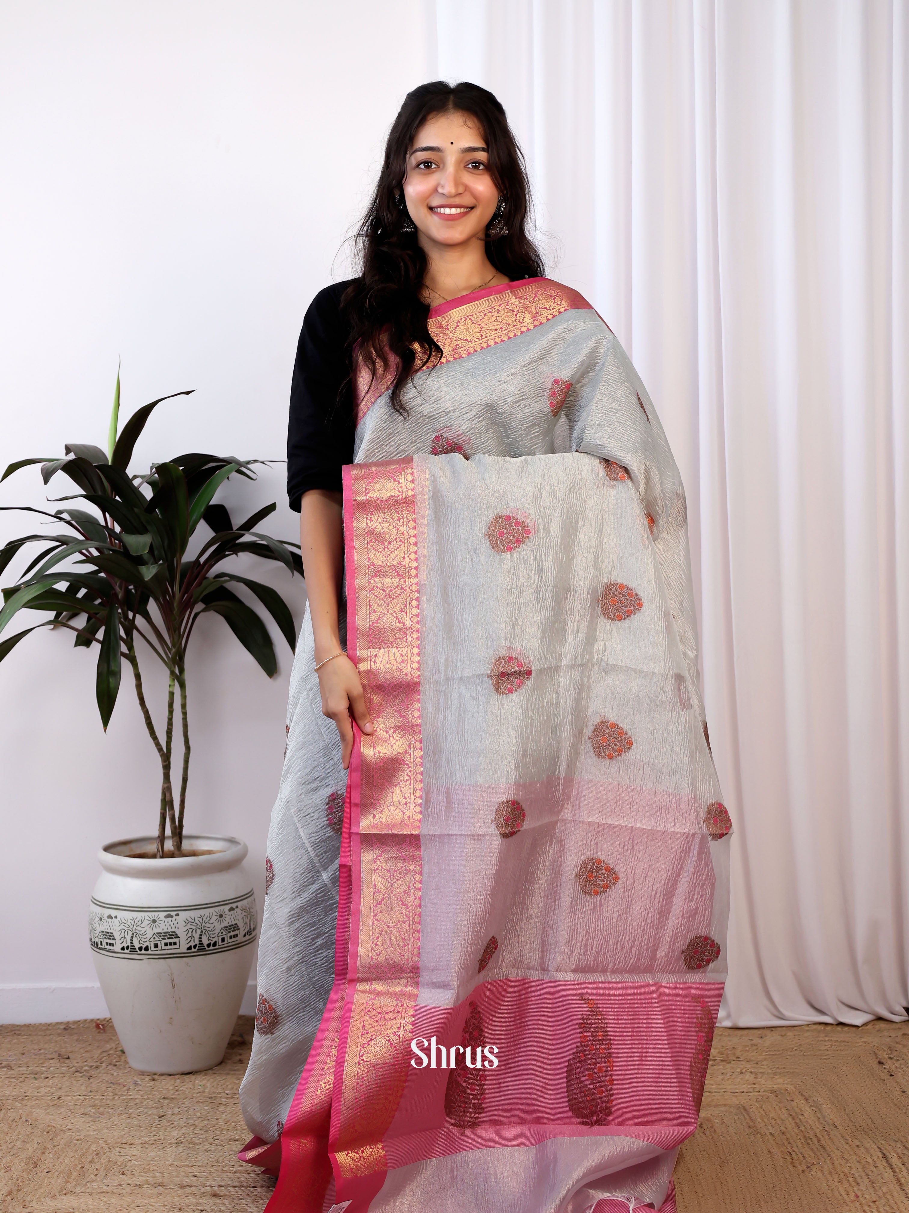Grey & Pink - Bamboo silk Saree - Shop on Shrus.com
