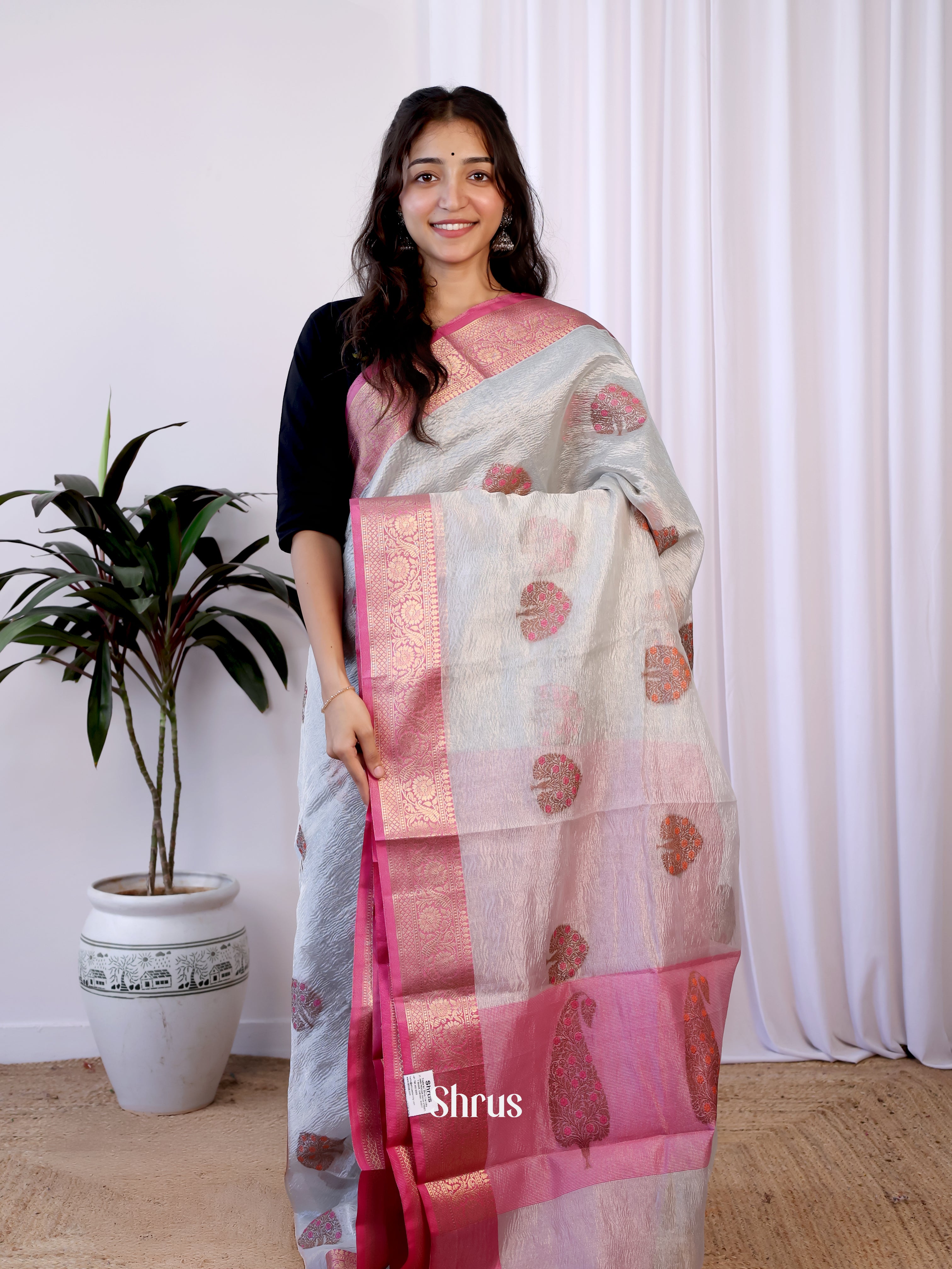 Grey & Pink - Bamboo silk Saree - Shop on Shrus.com