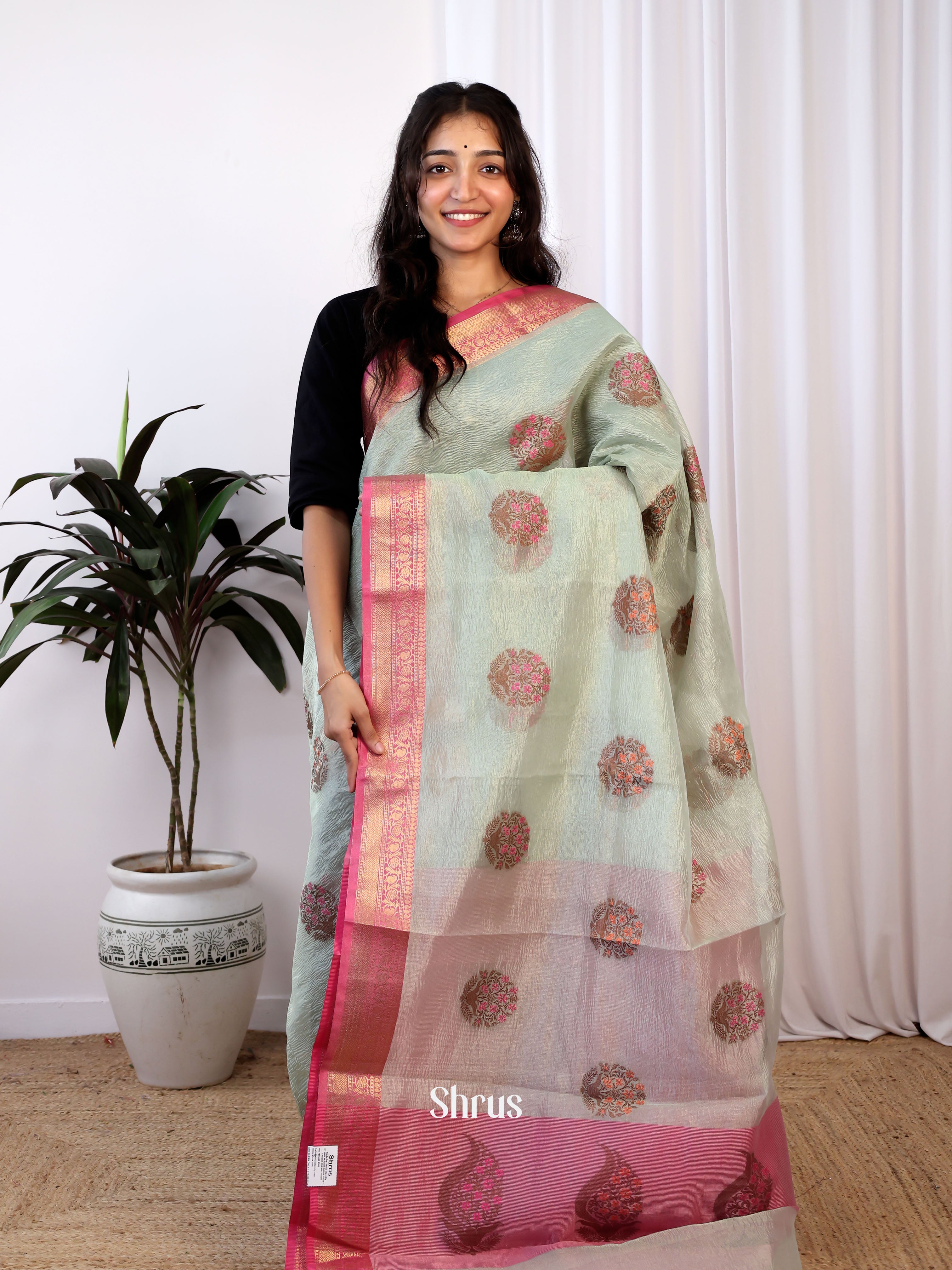 Grey & Pink- Bamboo silk Saree - Shop on Shrus.com