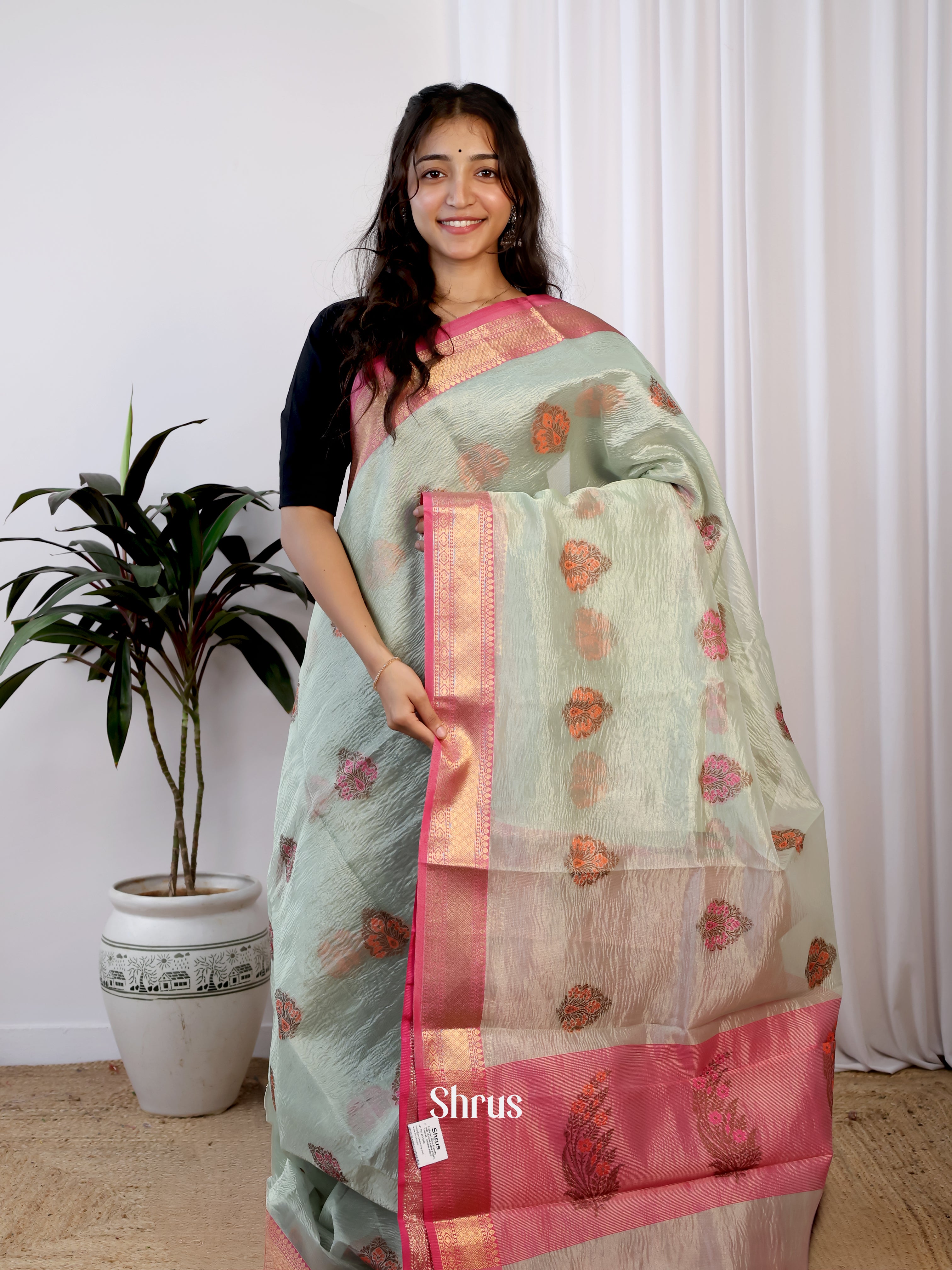 Green & Pink - Bamboo silk Saree - Shop on Shrus.com