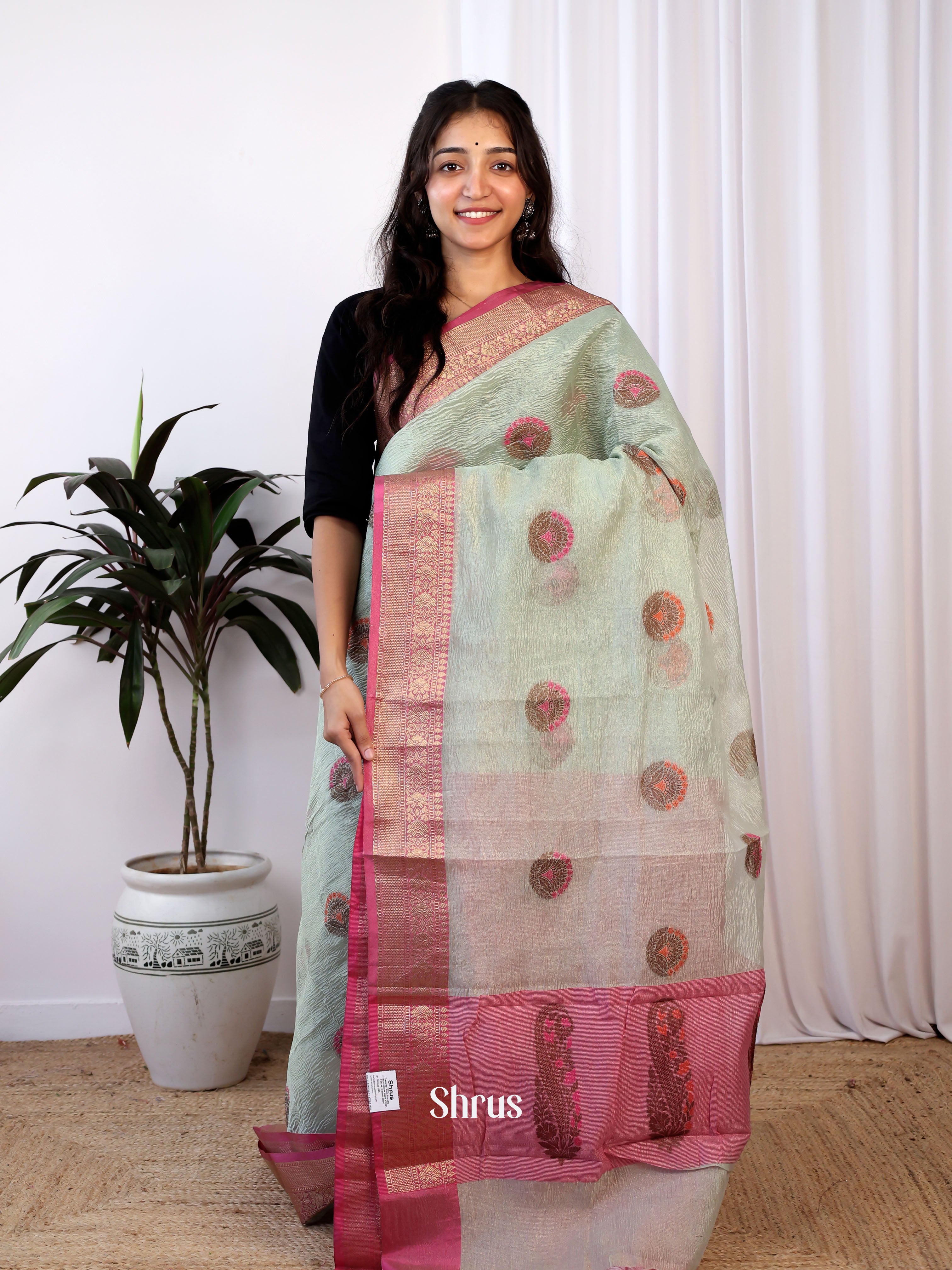 Green & Pink- Bamboo silk Saree - Shop on Shrus.com