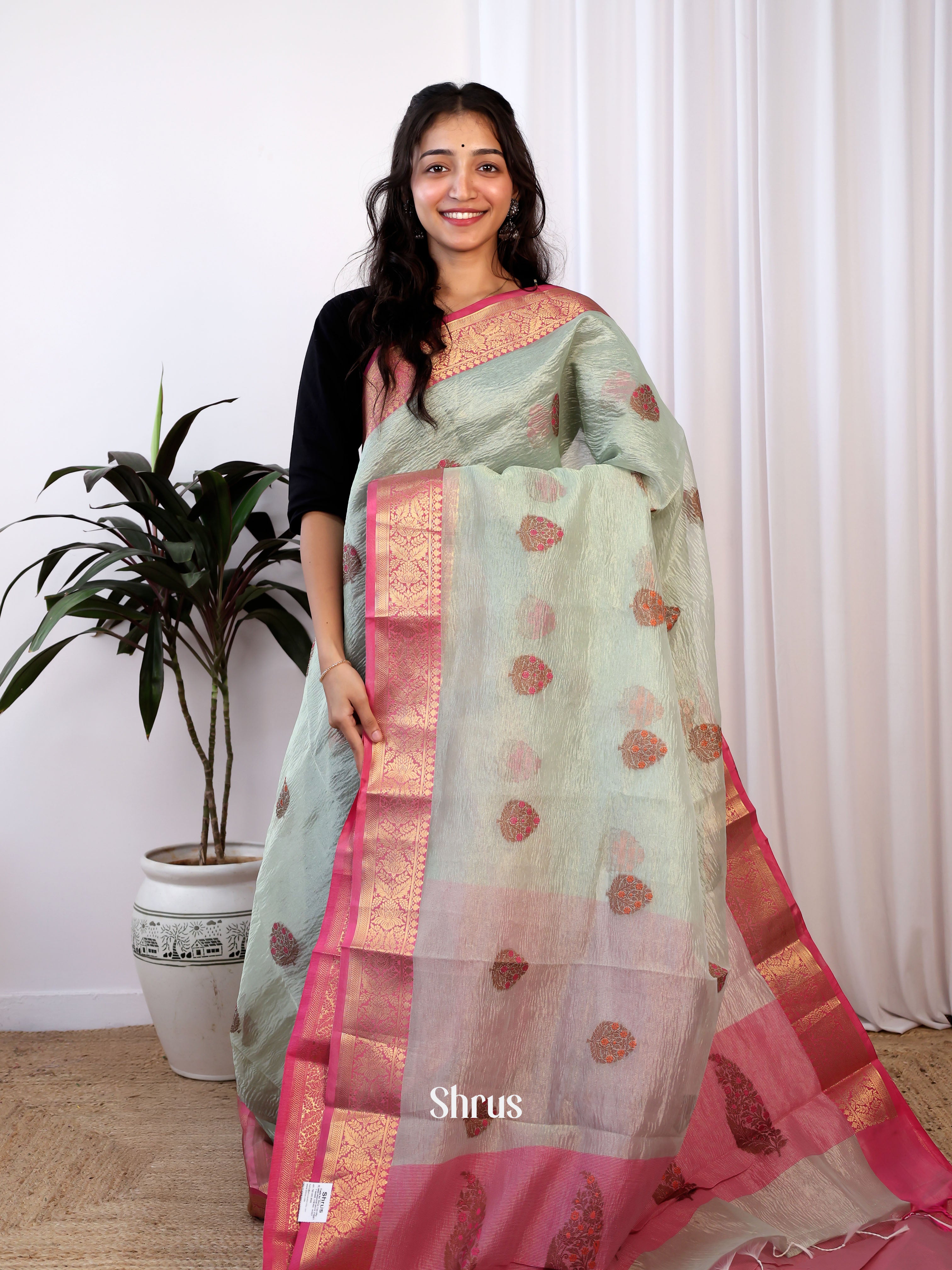 Green & Pink - Bamboo silk Saree - Shop on Shrus.com
