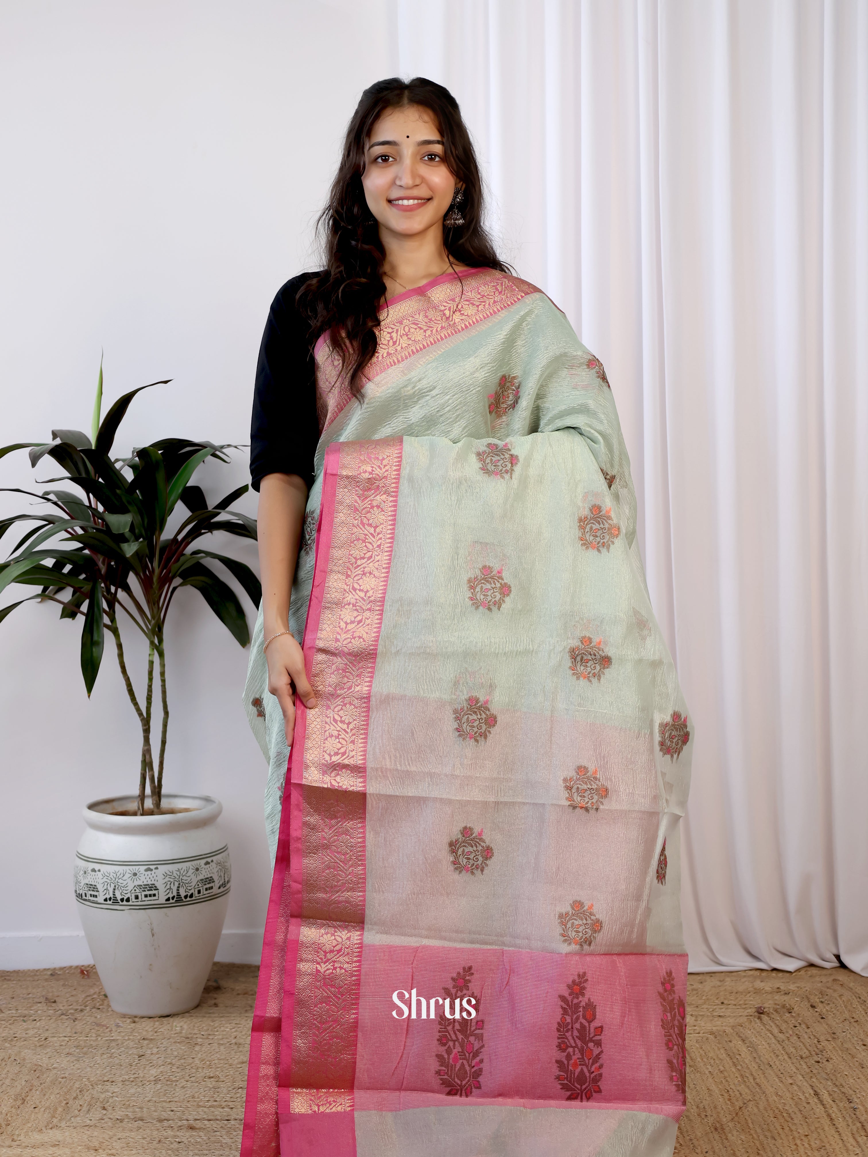 Green & Pink - Bamboo silk Saree - Shop on Shrus.com