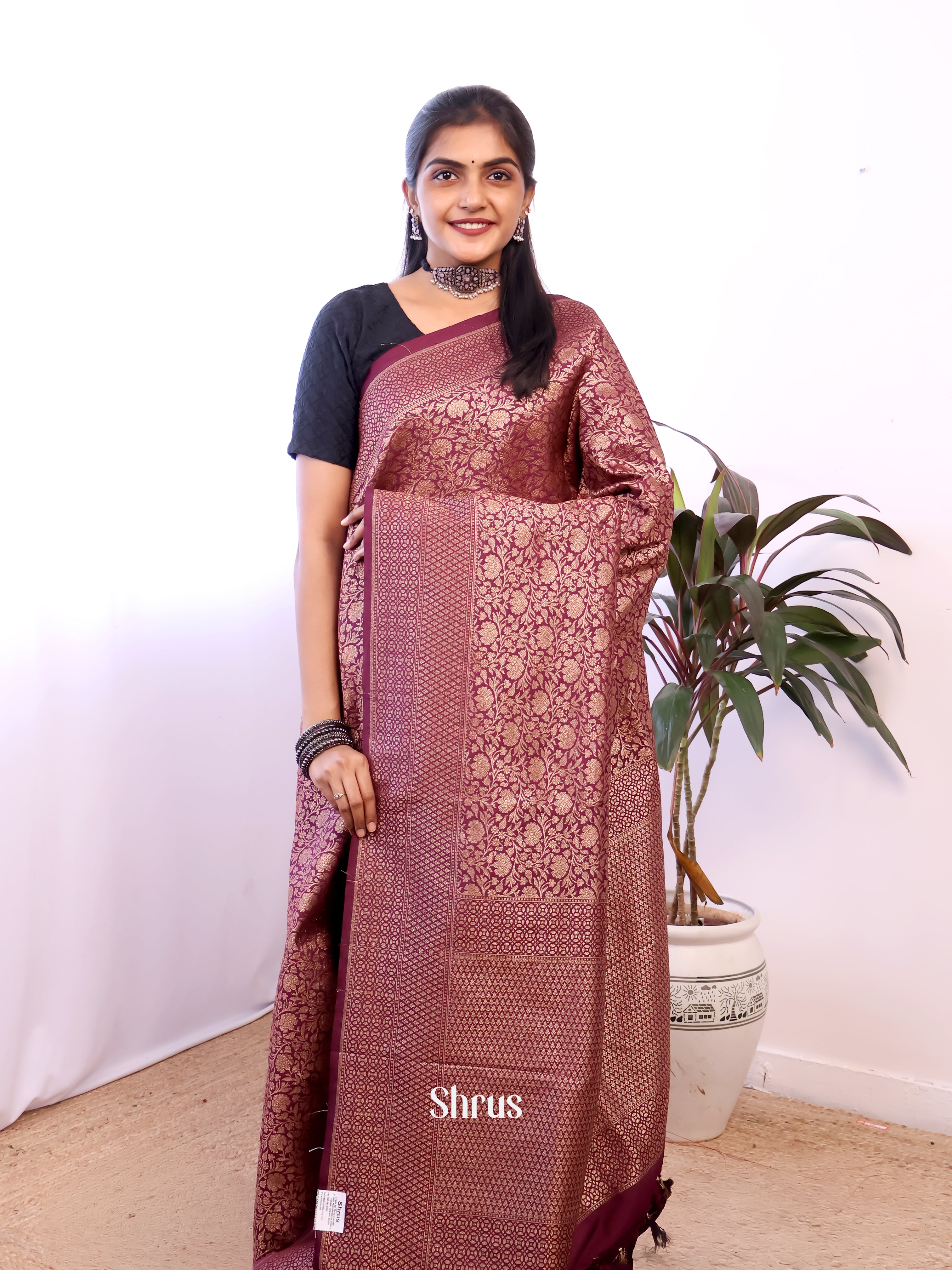 Maroon - Semi Banarasi Saree - Shop on Shrus.com