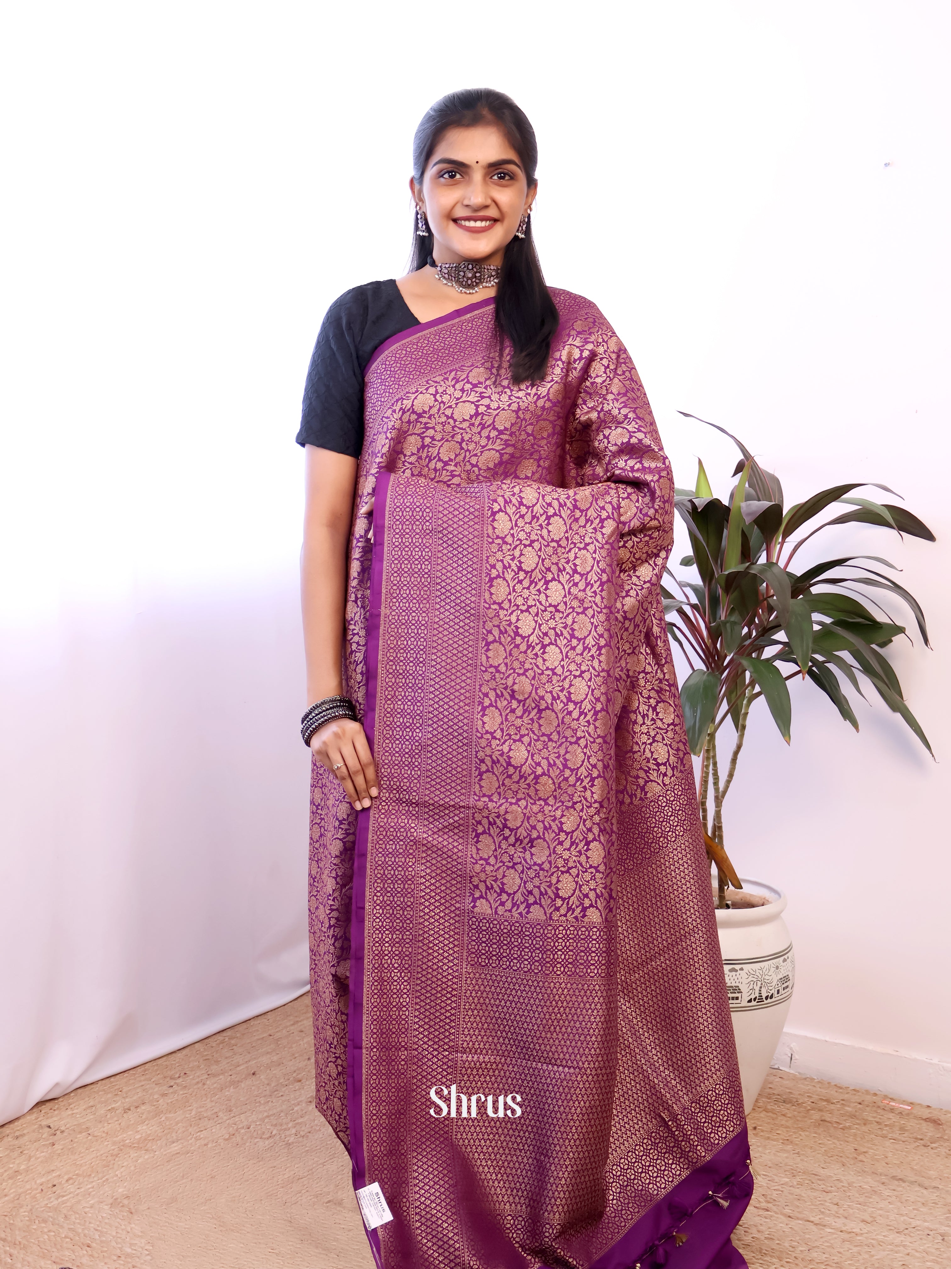 Purple - Semi Banarasi Saree - Shop on Shrus.com