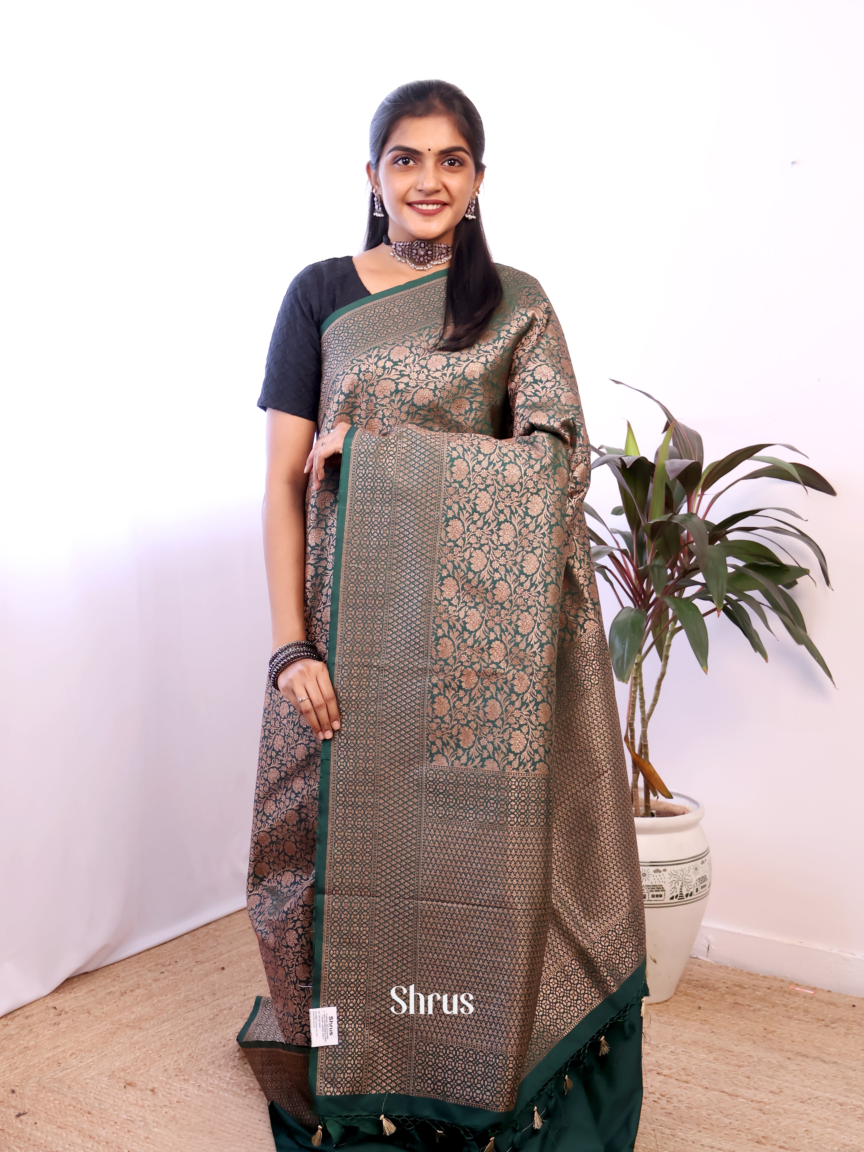 Green - Semi Banarasi Saree - Shop on Shrus.com