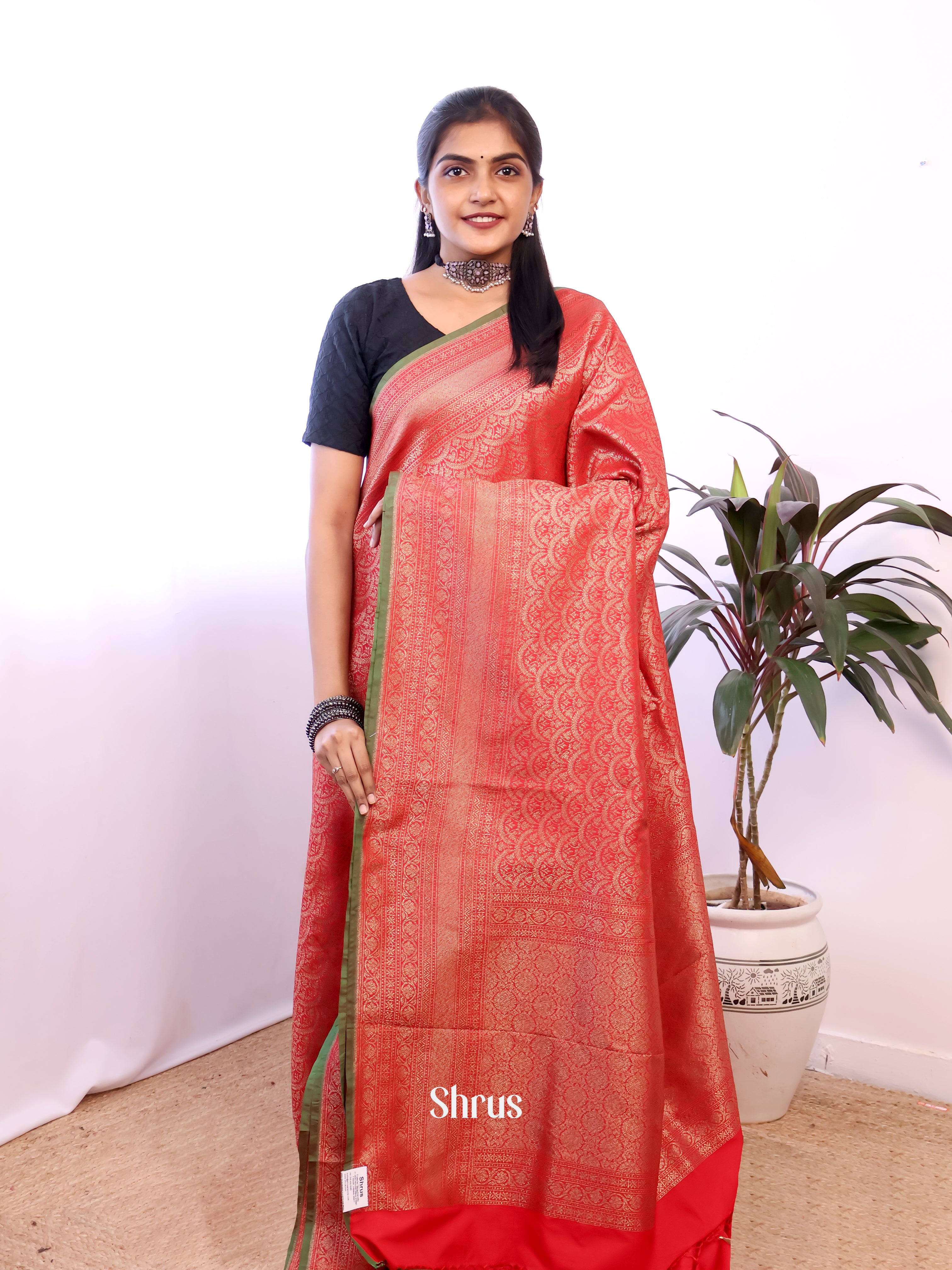 Red - Semi Banarasi Saree - Shop on Shrus.com