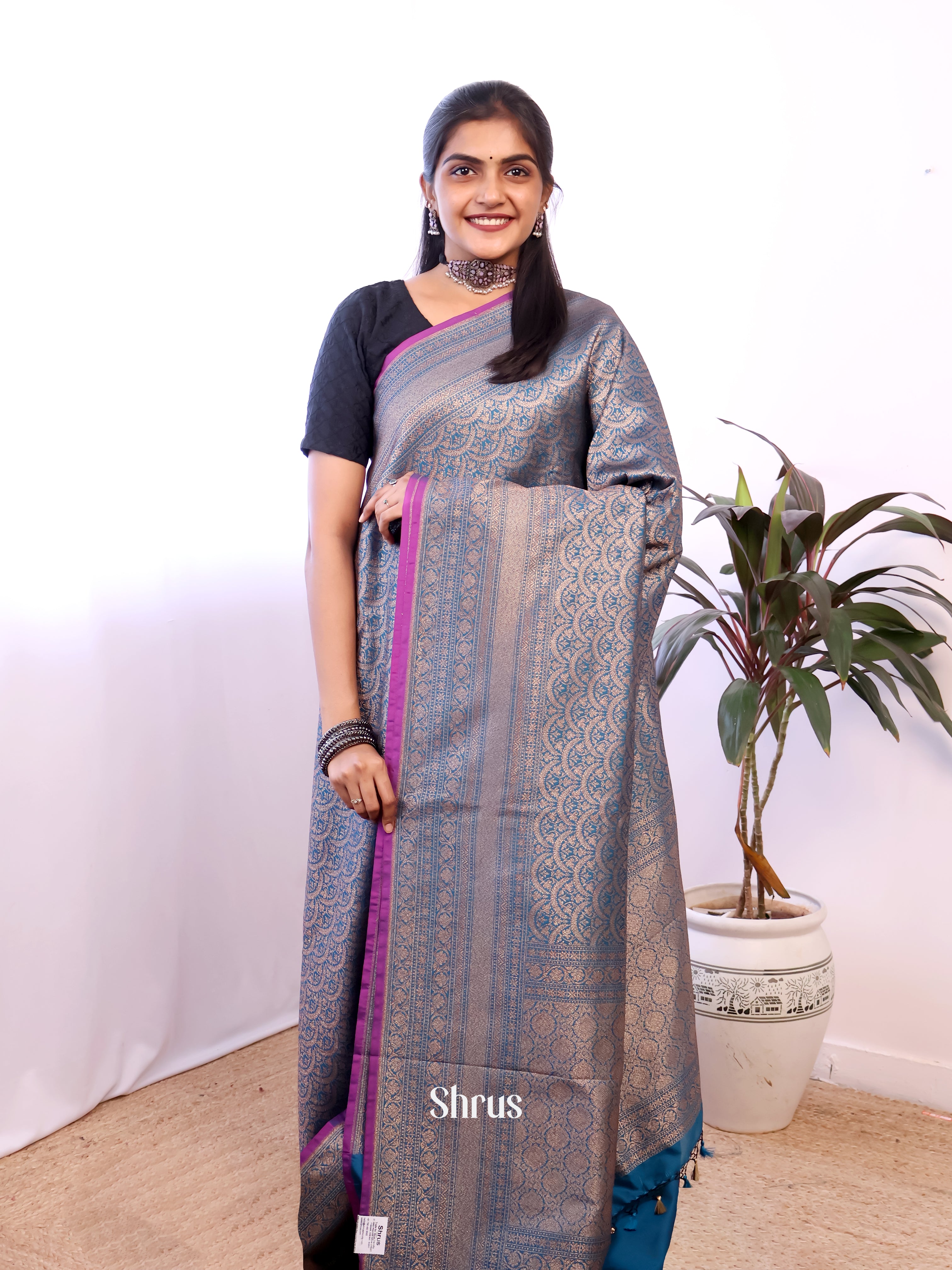 Blue- Semi Banarasi Saree - Shop on Shrus.com