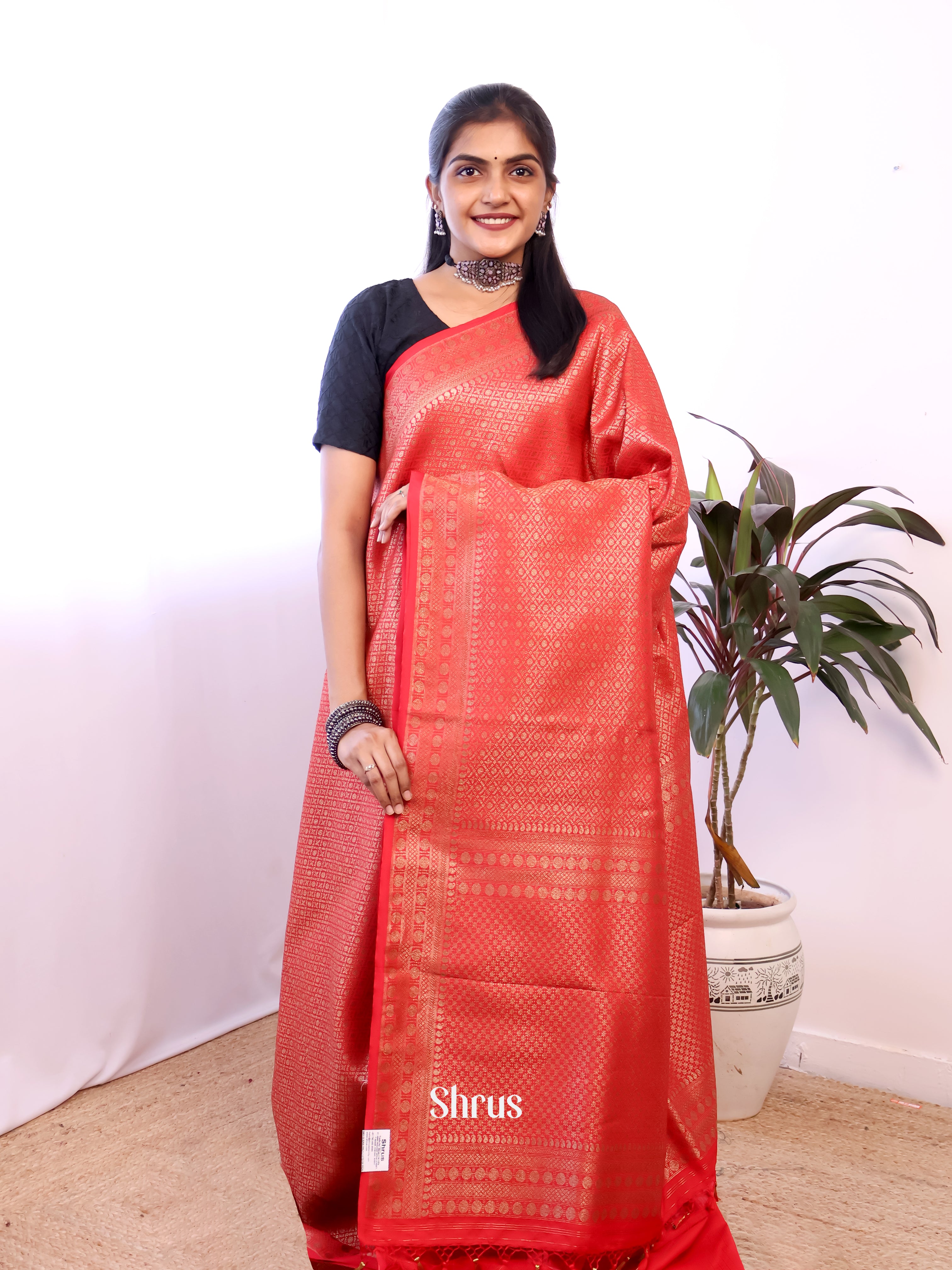 Red - Semi Banarasi Saree - Shop on Shrus.com