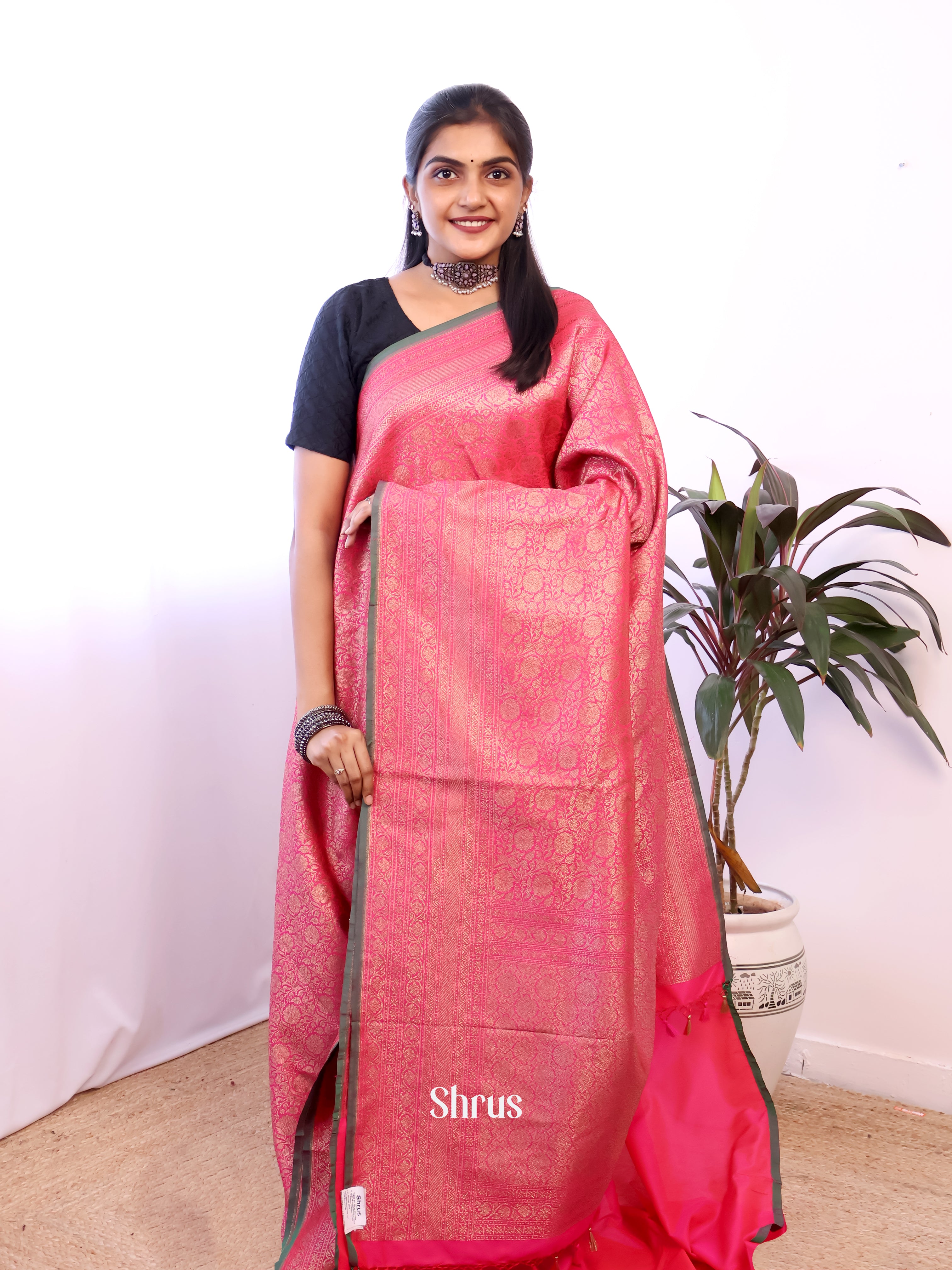 Pink - Semi Banarasi Saree - Shop on Shrus.com