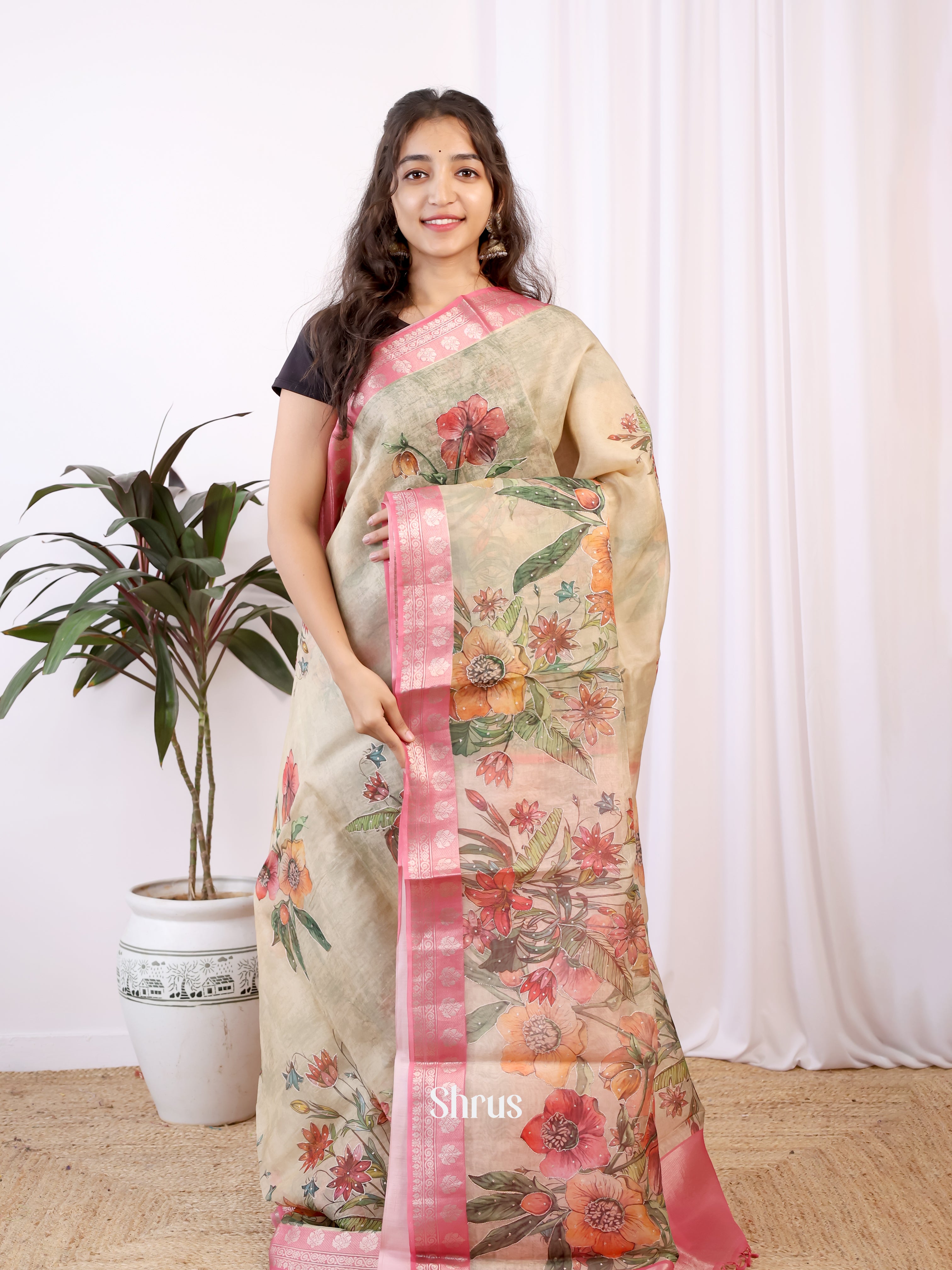 Cream & Pink- Organza Saree - Shop on Shrus.com
