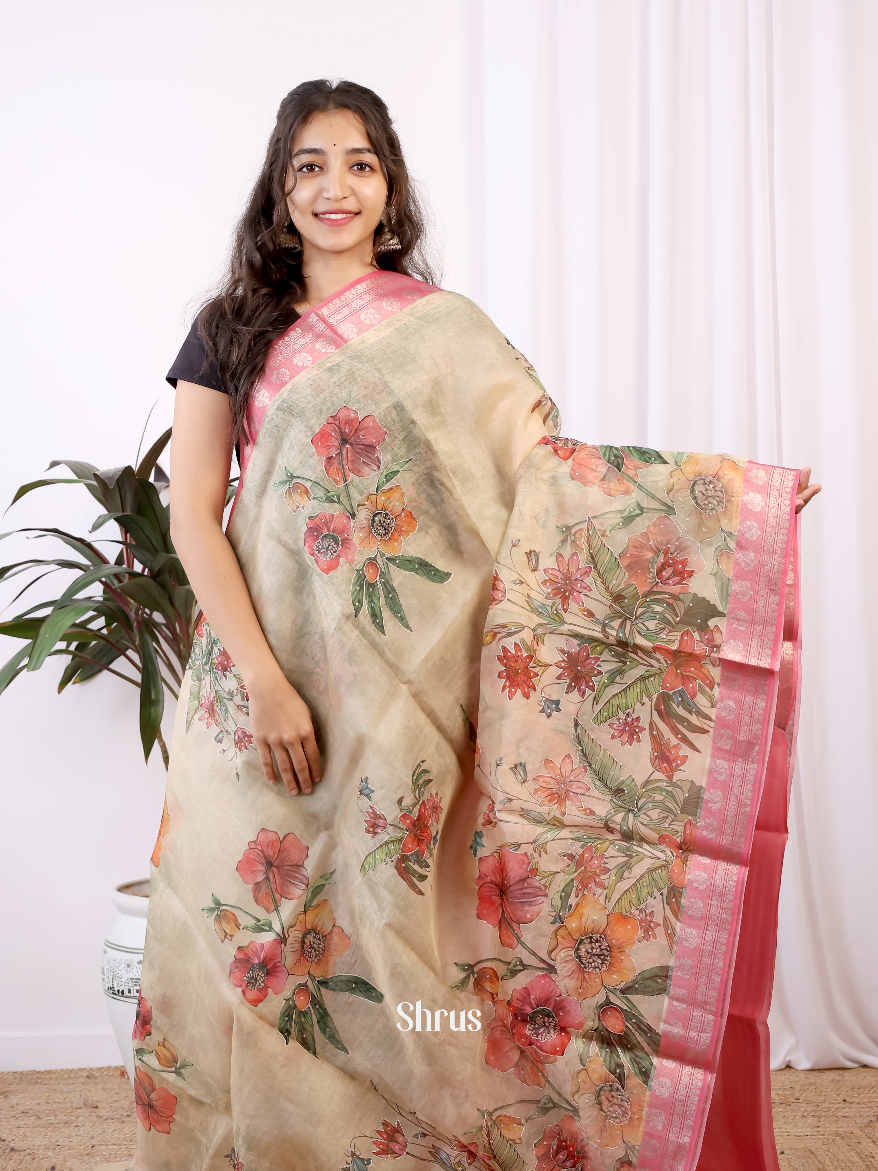 Cream & Pink- Organza Saree - Shop on Shrus.com